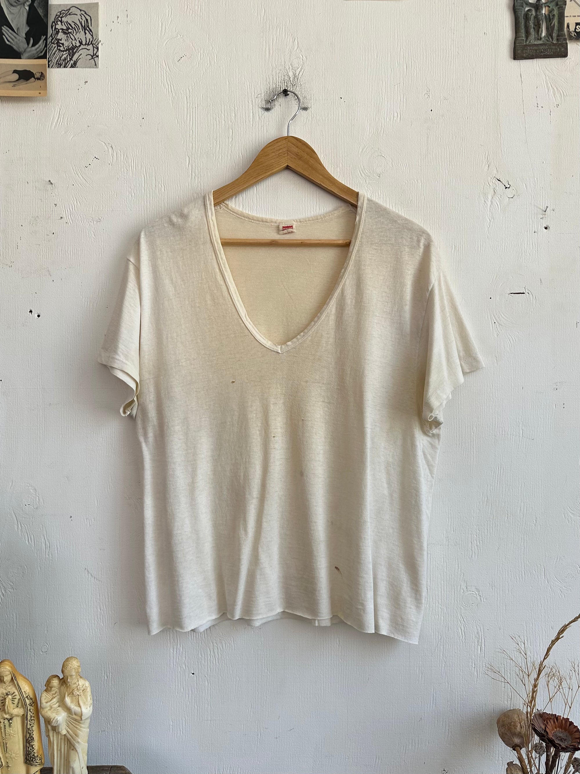 1970s Well Worn White V-Neck