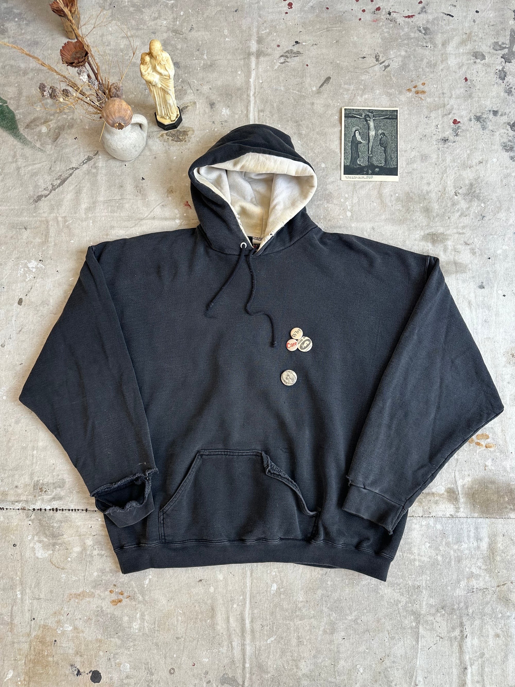 1990s Thrashed Tultex Black Hoodie W/ Pins