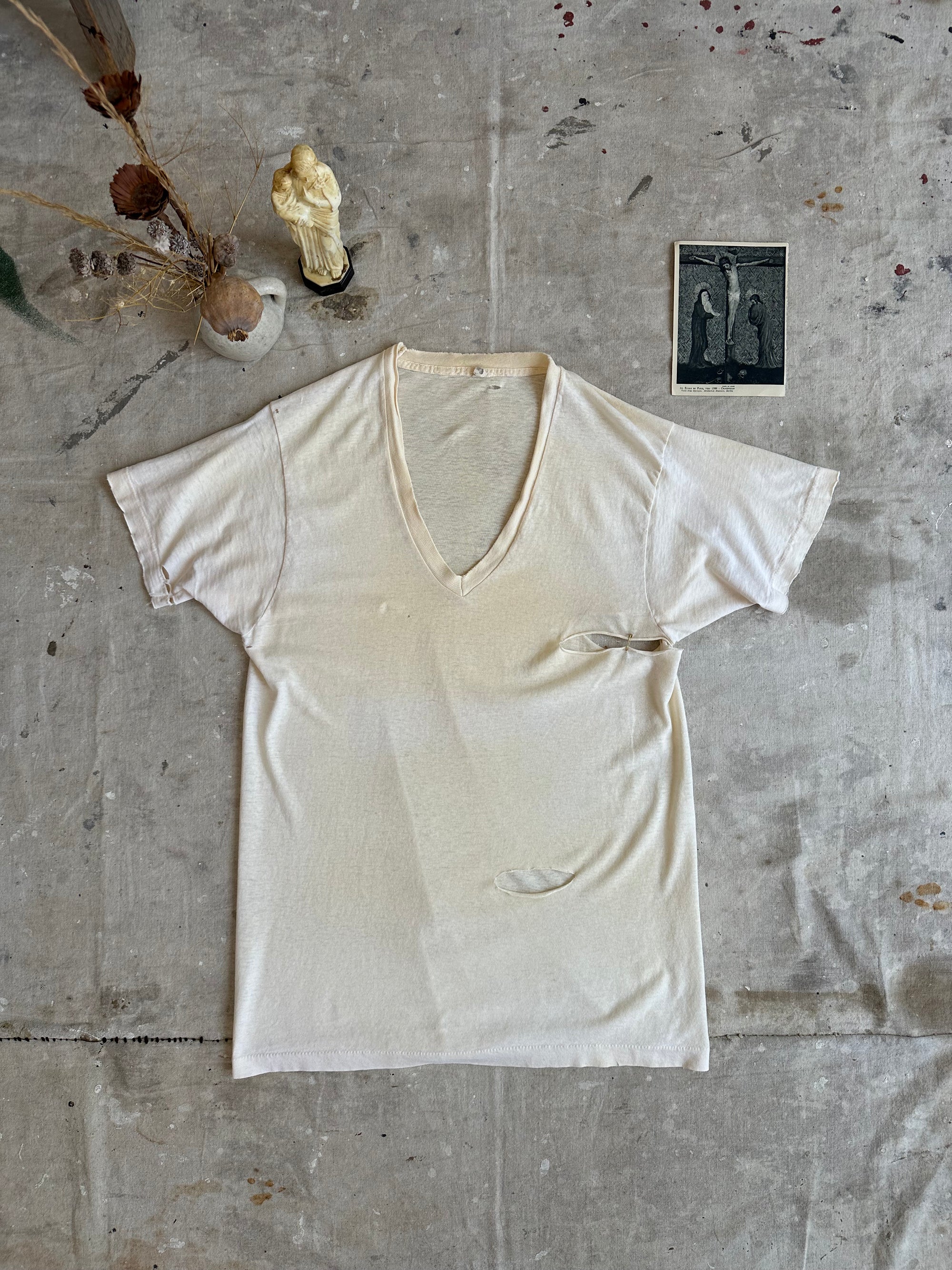 1980s Thrashed All Cotton V-Neck