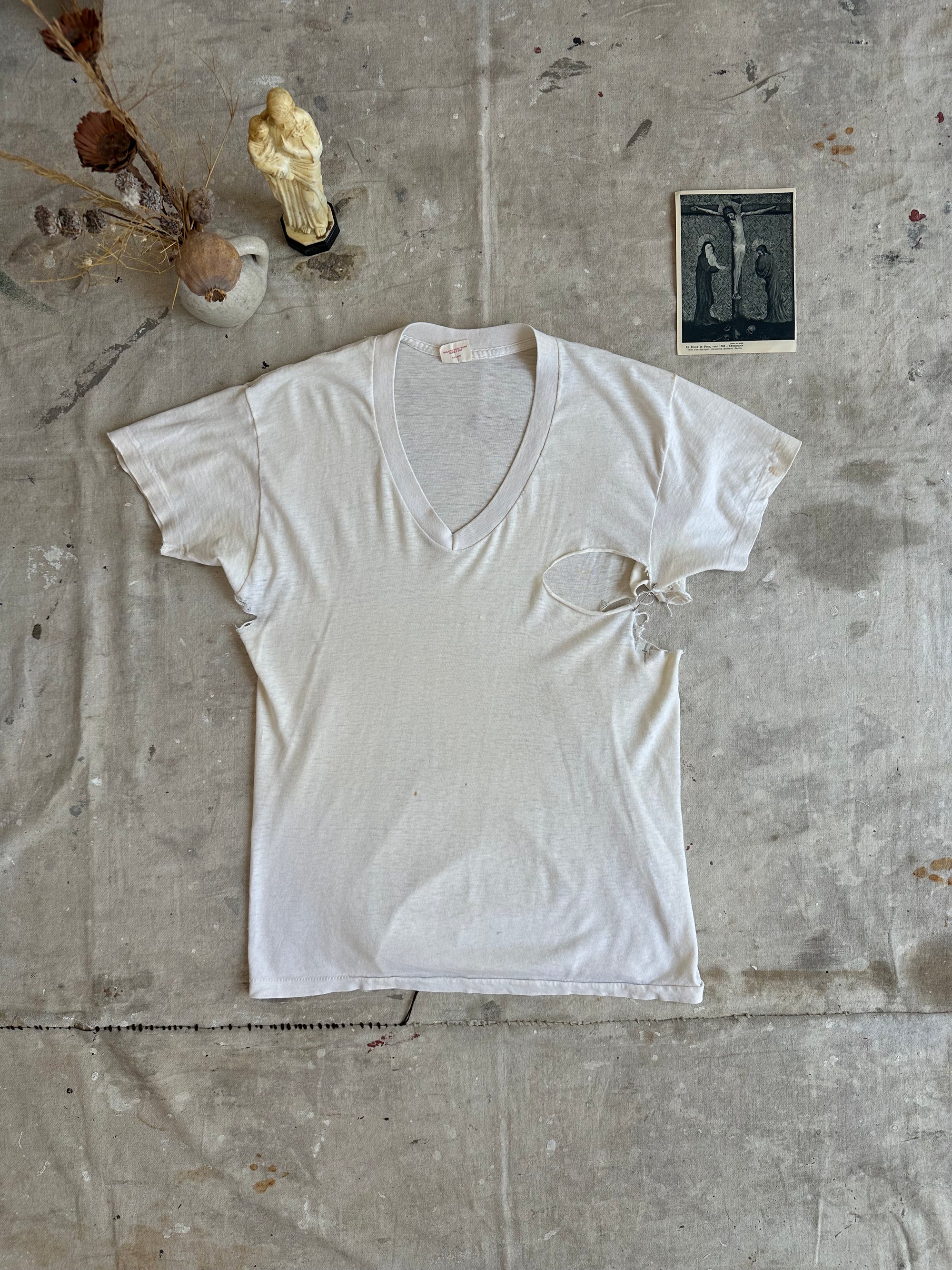 1970s Thrashed Paper Thin White V-Neck