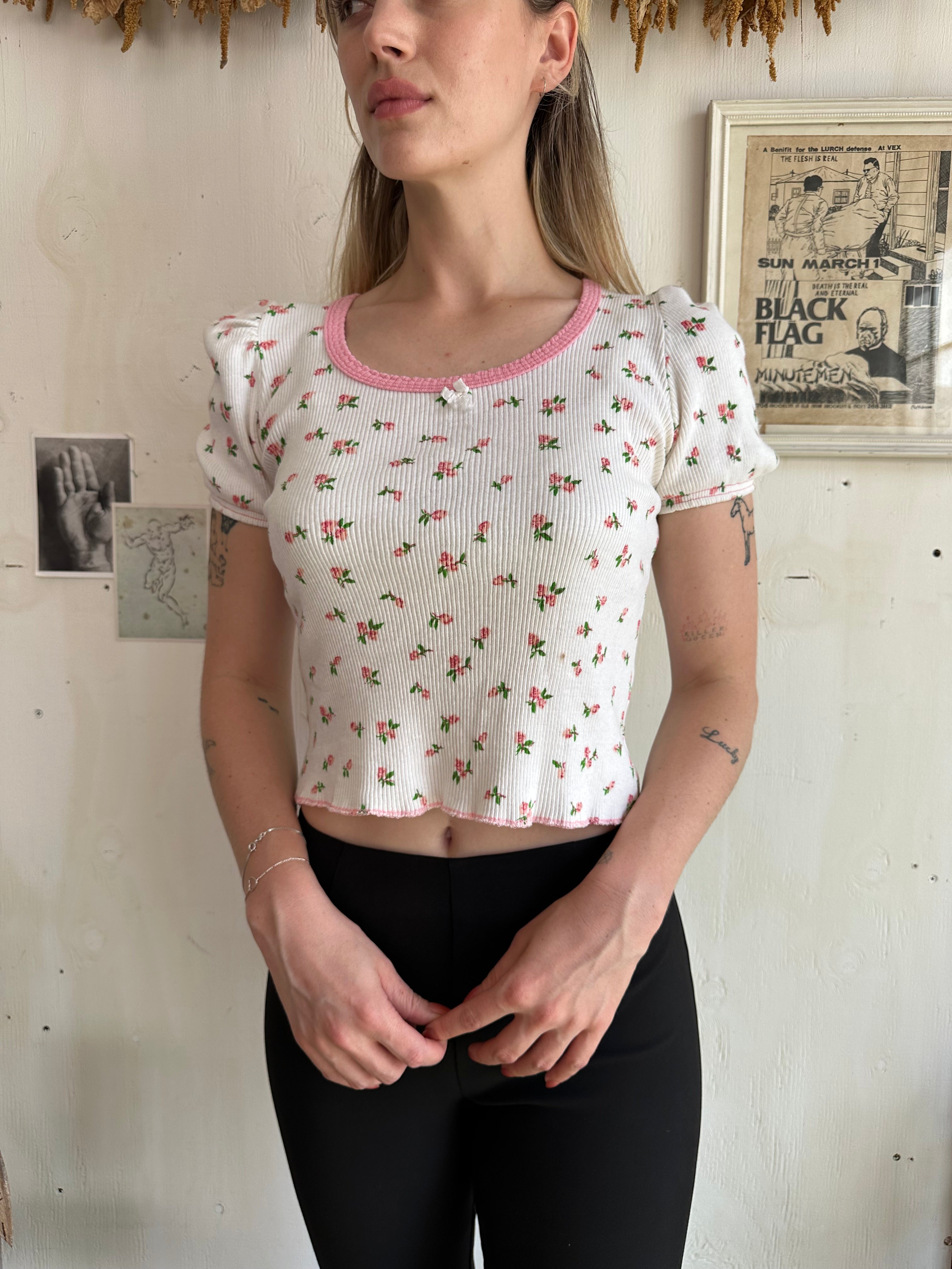 1980s Floral Cap Sleeve Tiny Tee (XS)