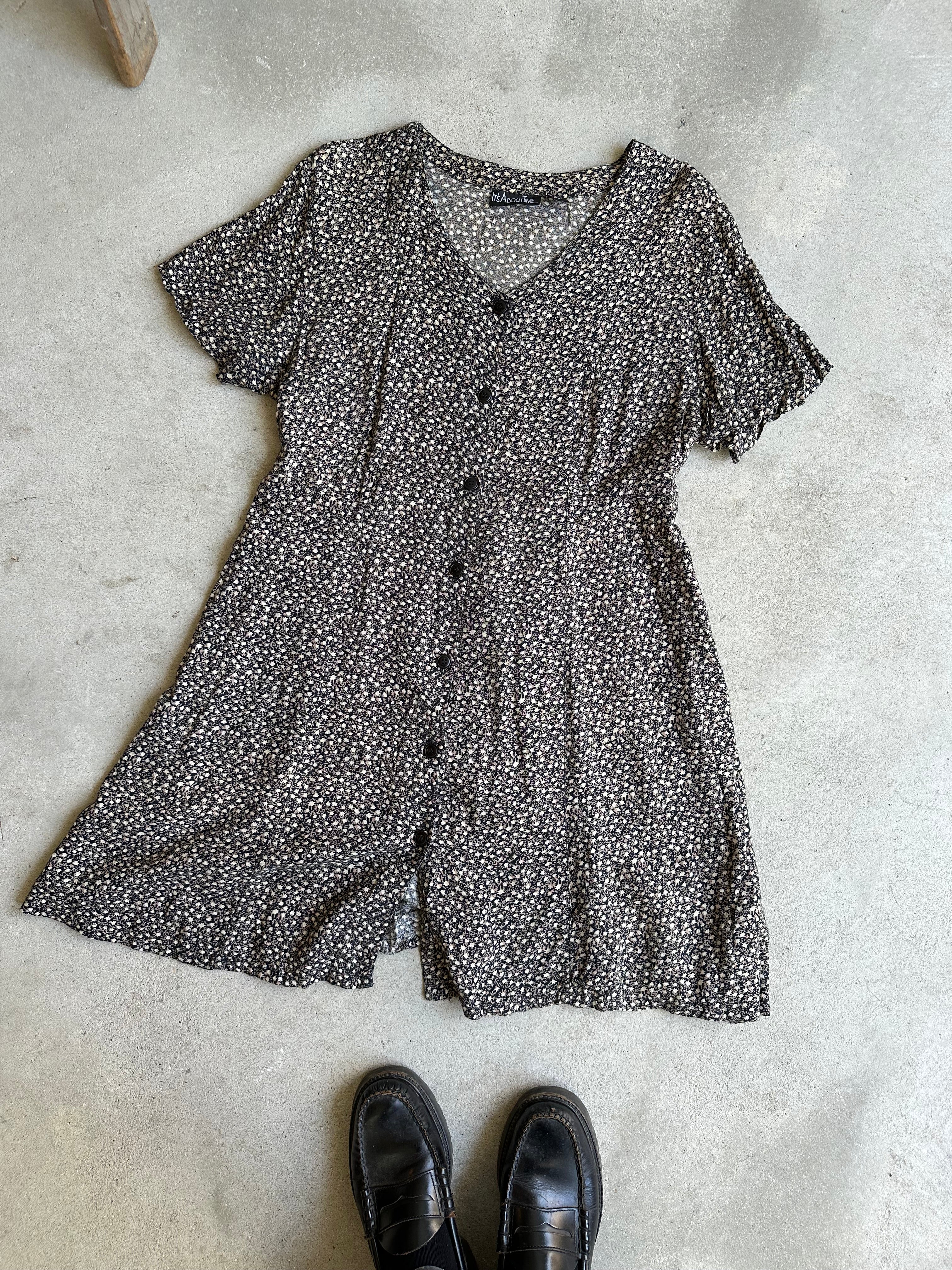 1990s Black and Tan Floral Dress (XL)