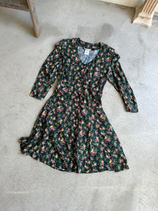 1990s Green Floral Collared Dress (M)