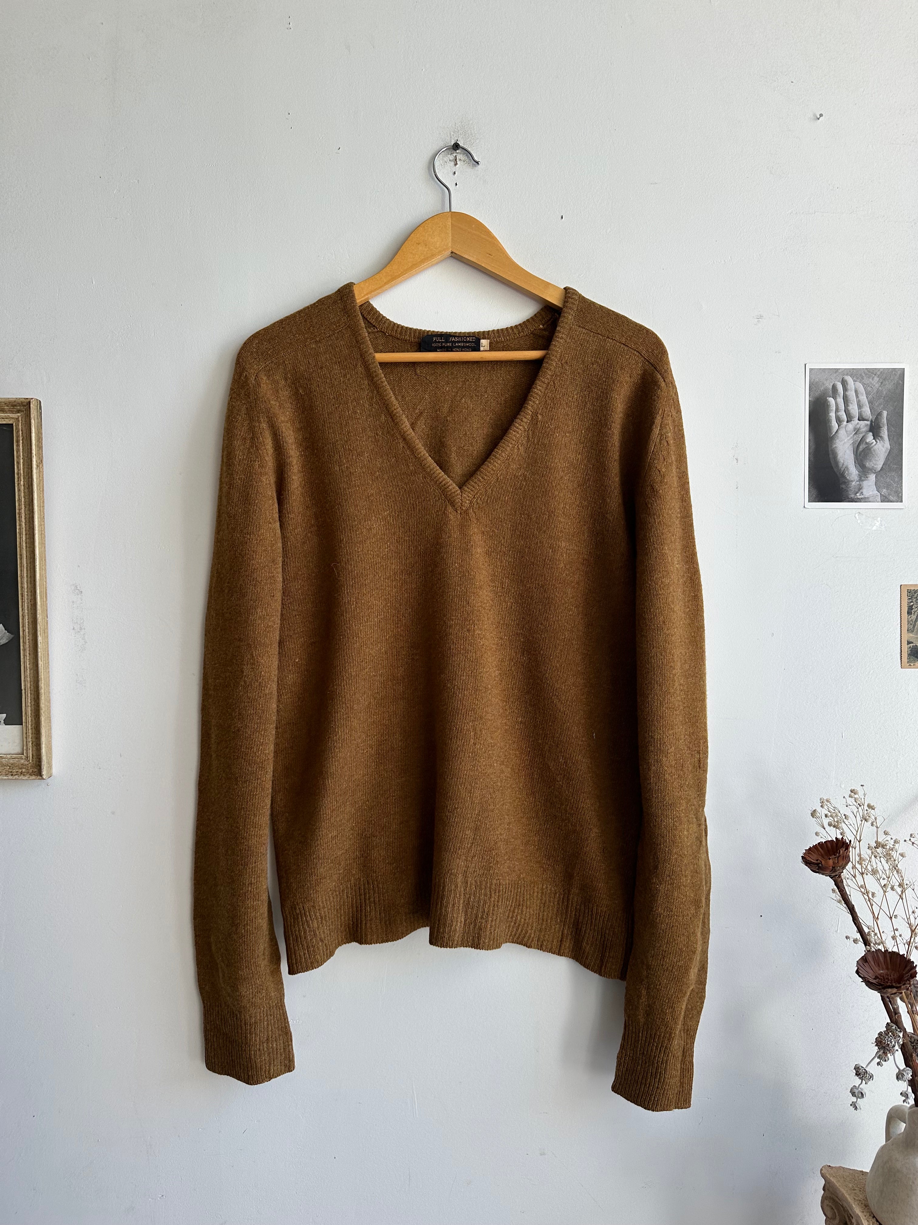 1960s Olive/Brown V-Neck Sweater (L)