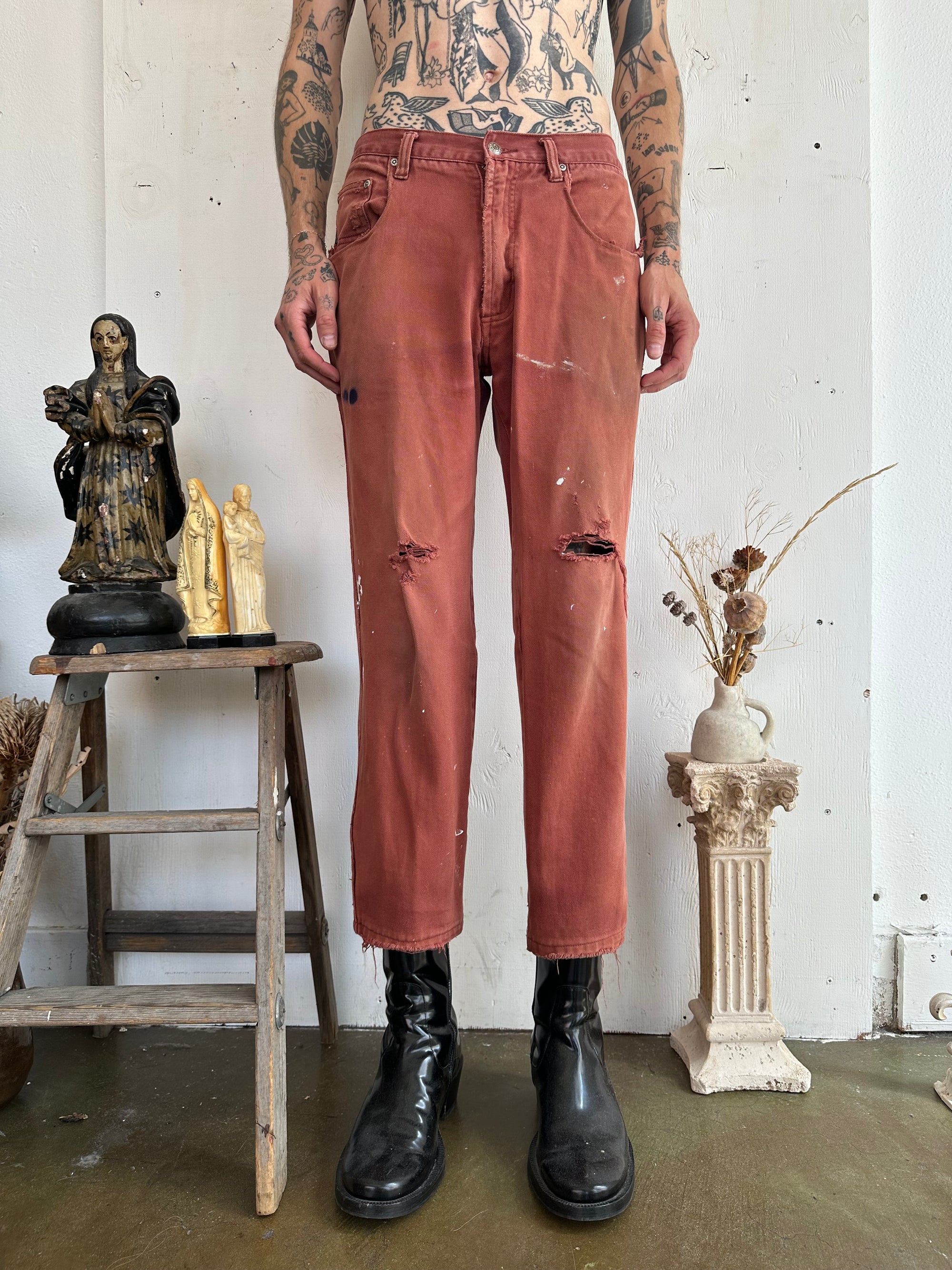 1980s Thrashed Cropped Sunfaded Red Denim