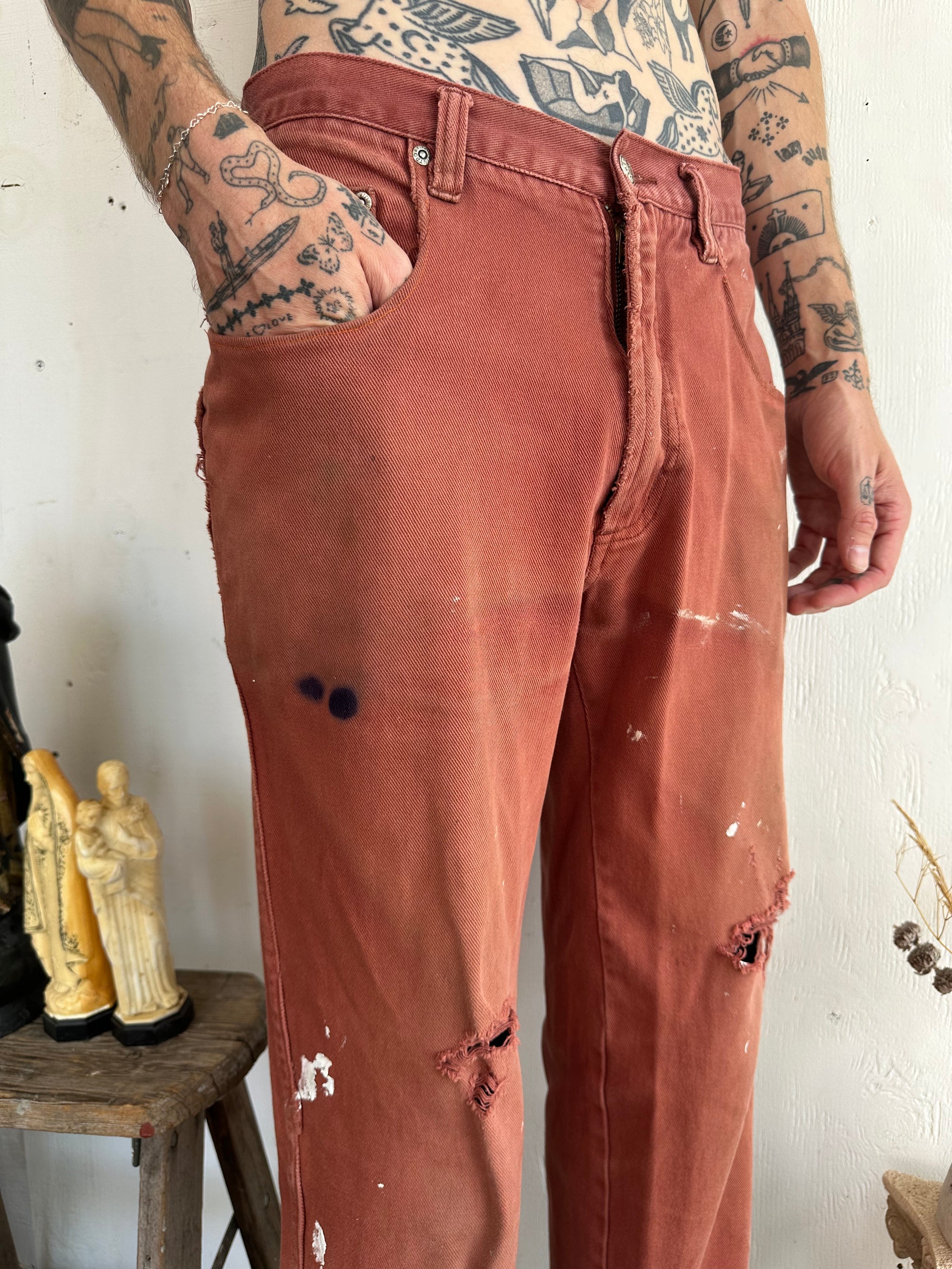 1980s Thrashed Cropped Sunfaded Red Denim