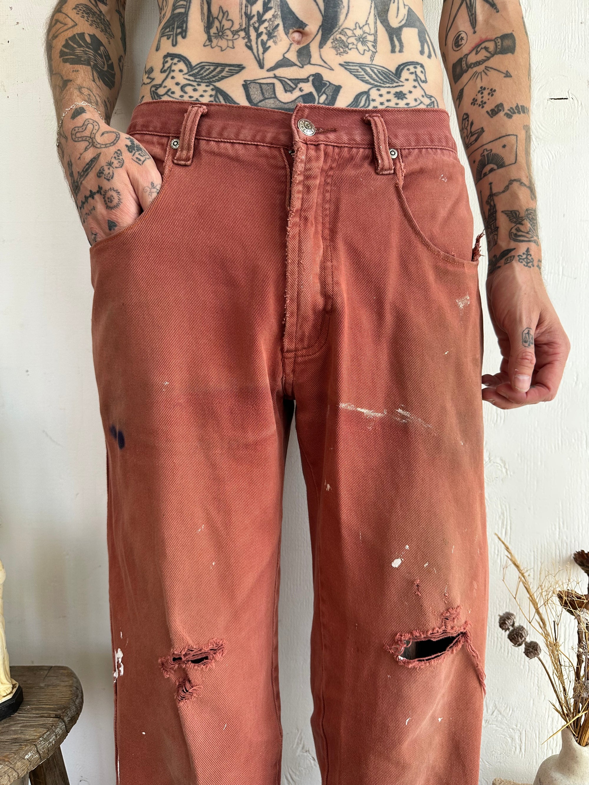 1980s Thrashed Cropped Sunfaded Red Denim