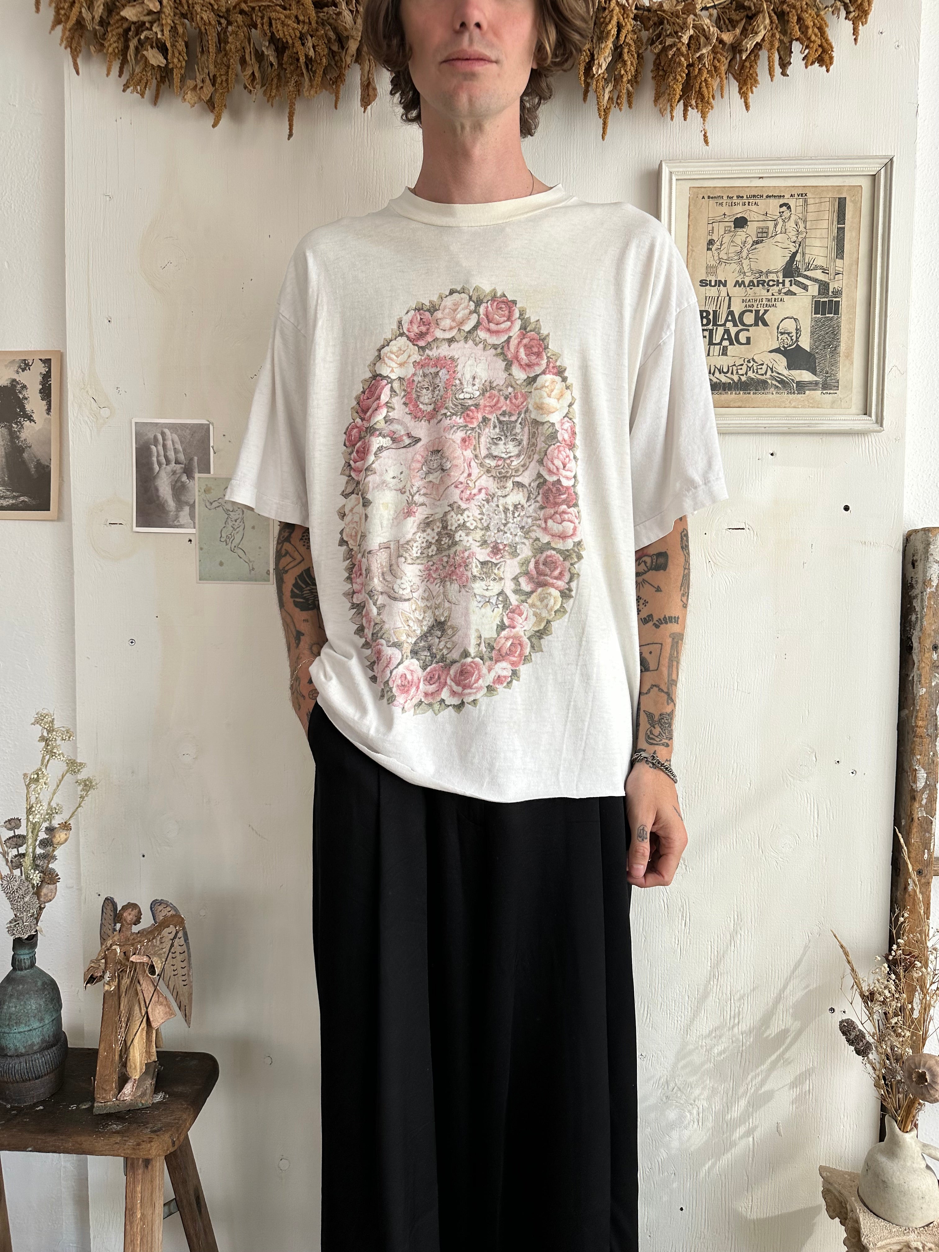 1990s Chopped Flower Cats T-Shirt (XXL)