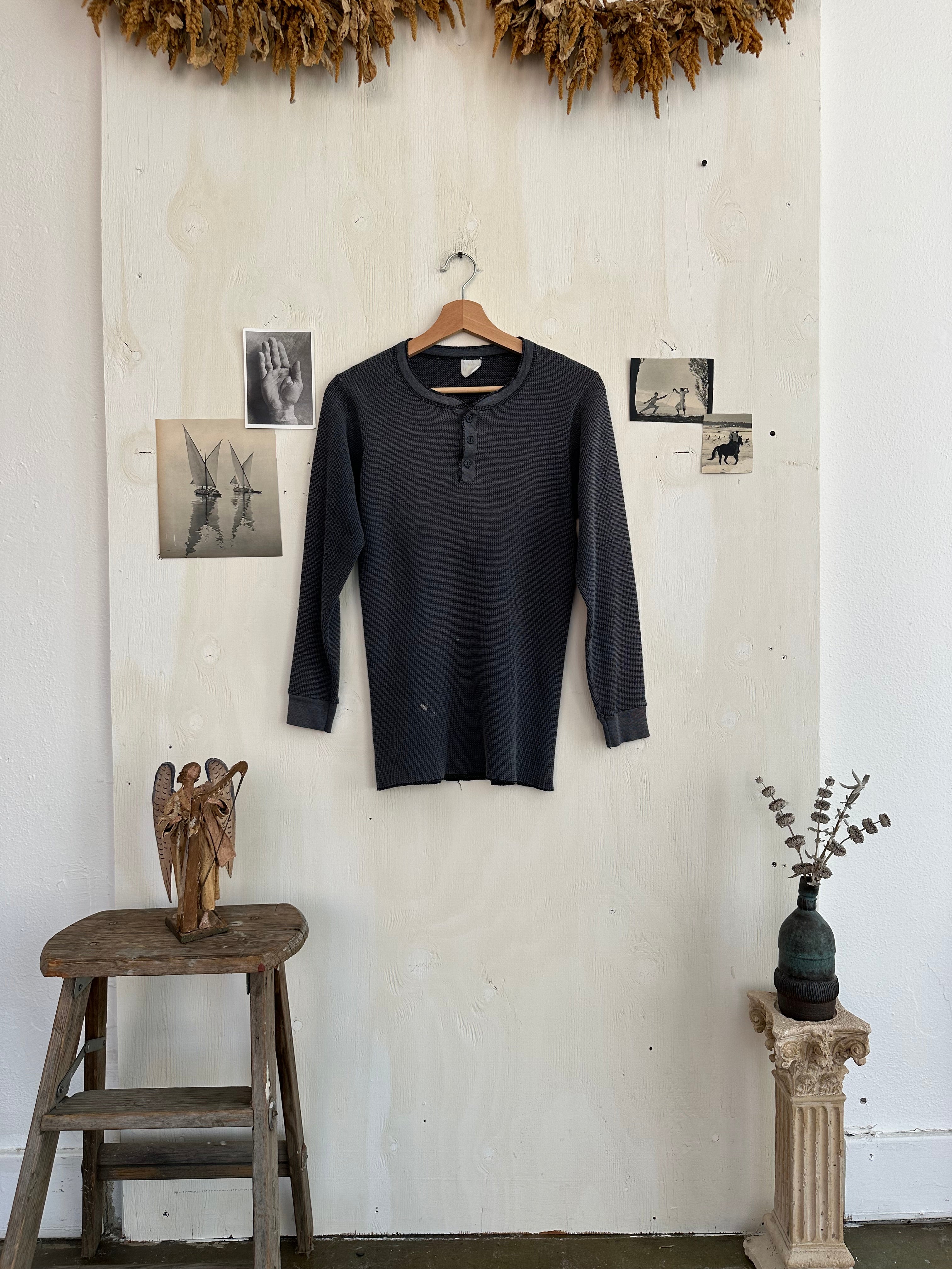 1970s Well Worn Black Thermal Henley (M)