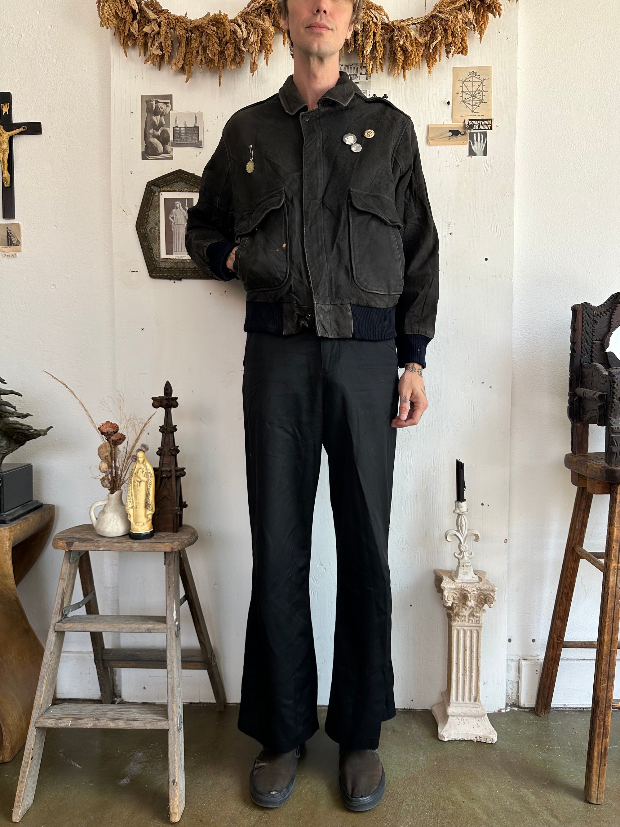 1980s Buttery Soft Black Leather Bomber W/ Pins