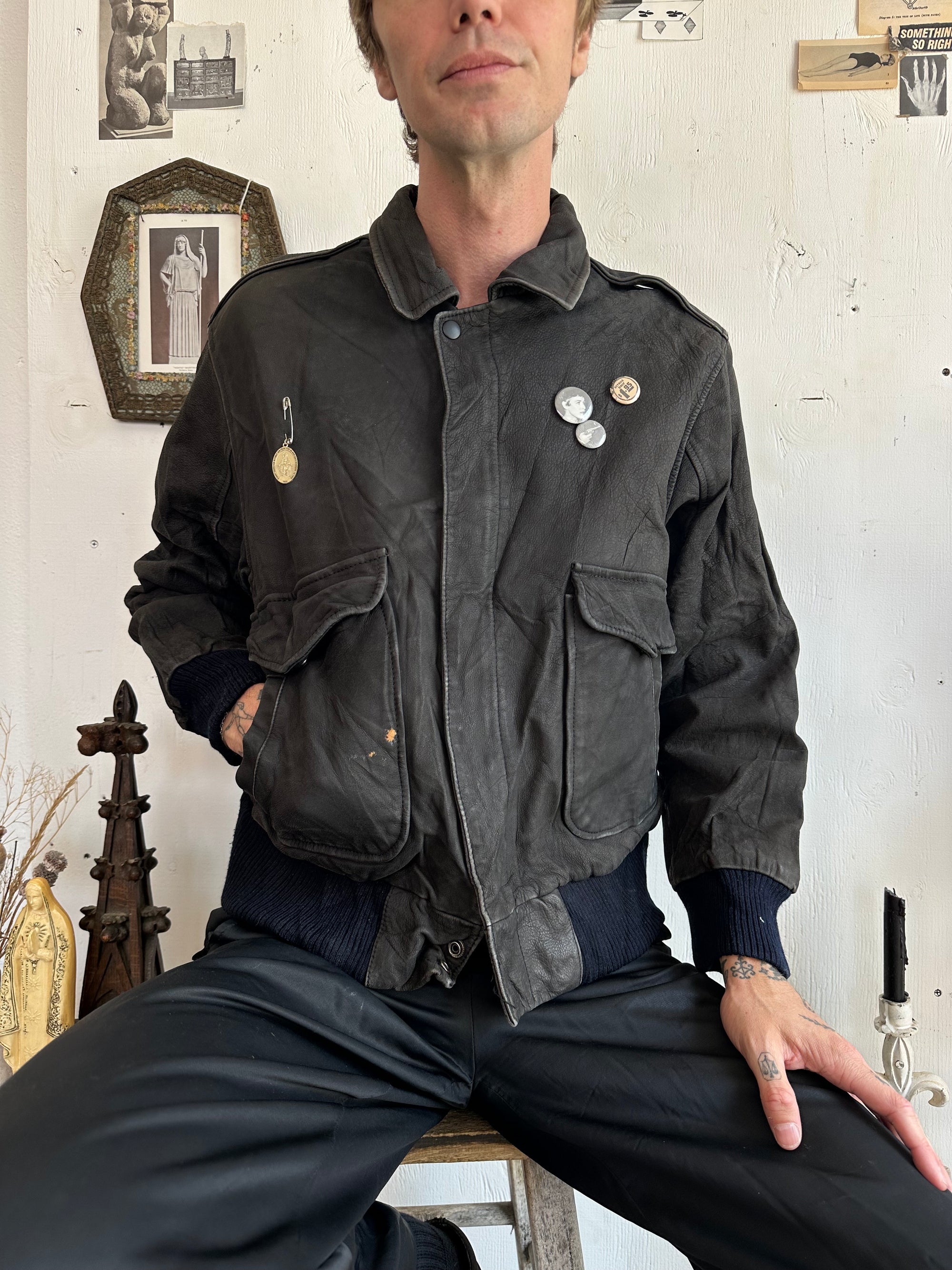 1980s Buttery Soft Black Leather Bomber W/ Pins