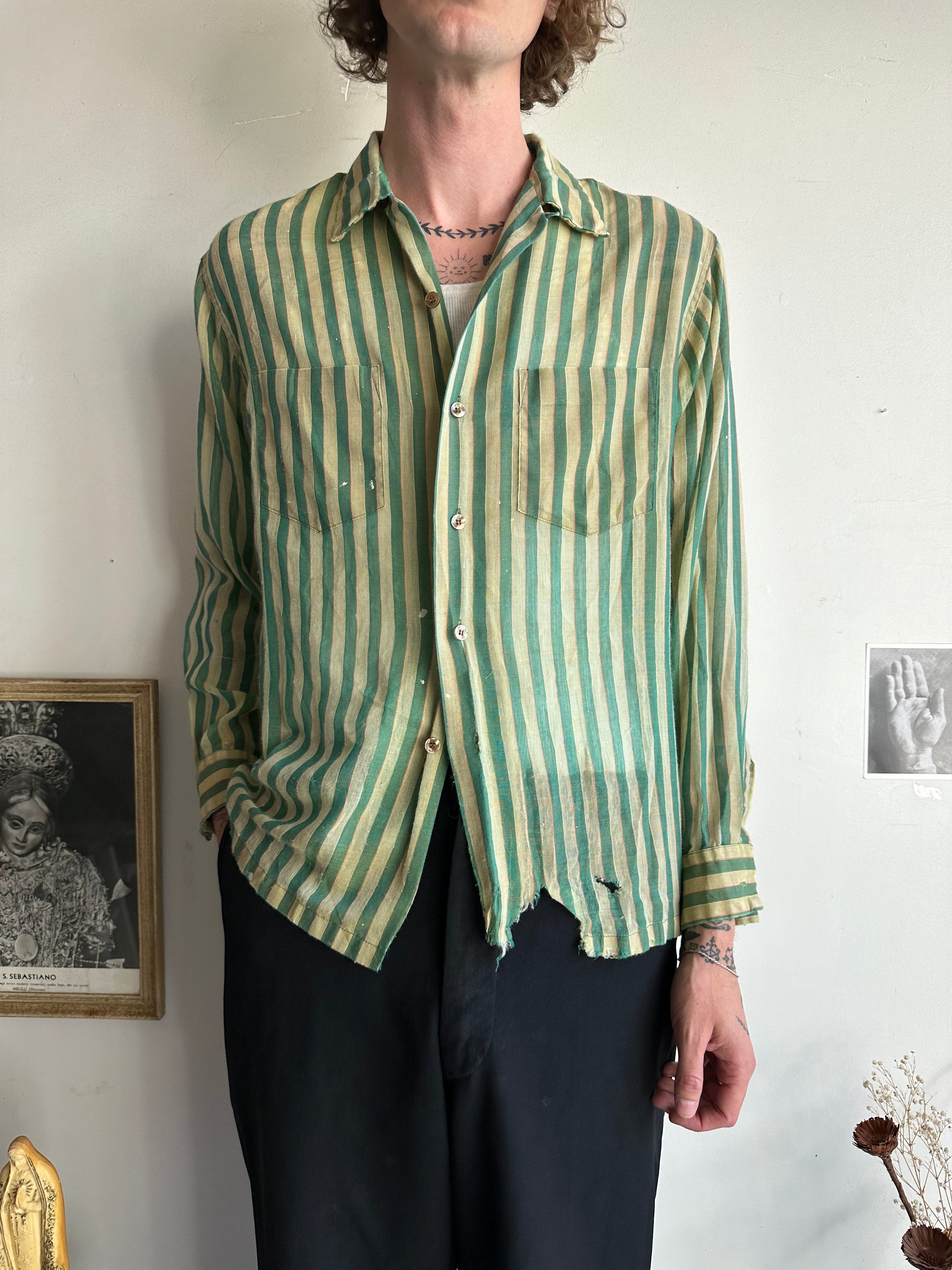 1960s Thrashed Green-Striped Button-Up (L)