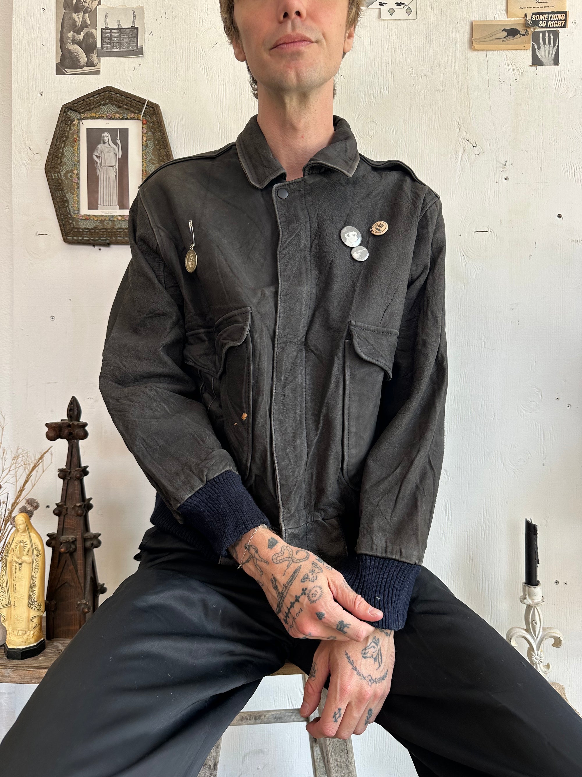 1980s Buttery Soft Black Leather Bomber W/ Pins