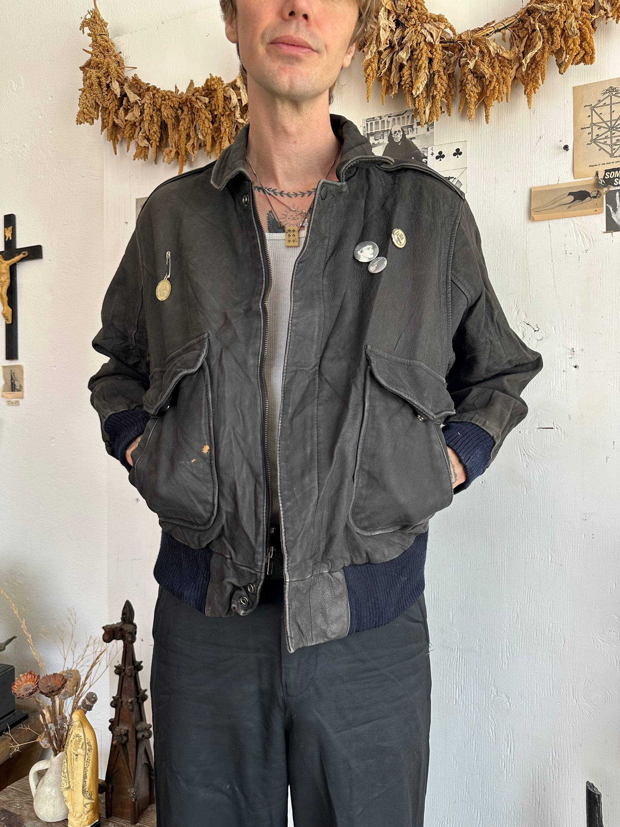 1980s Buttery Soft Black Leather Bomber W/ Pins