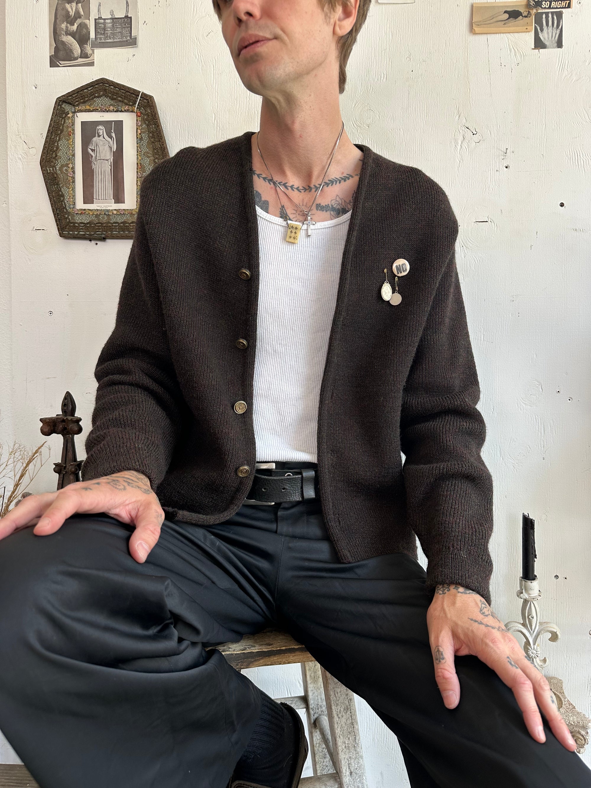 1960s Chocolate Brown Penguin Cardigan W/ Pins