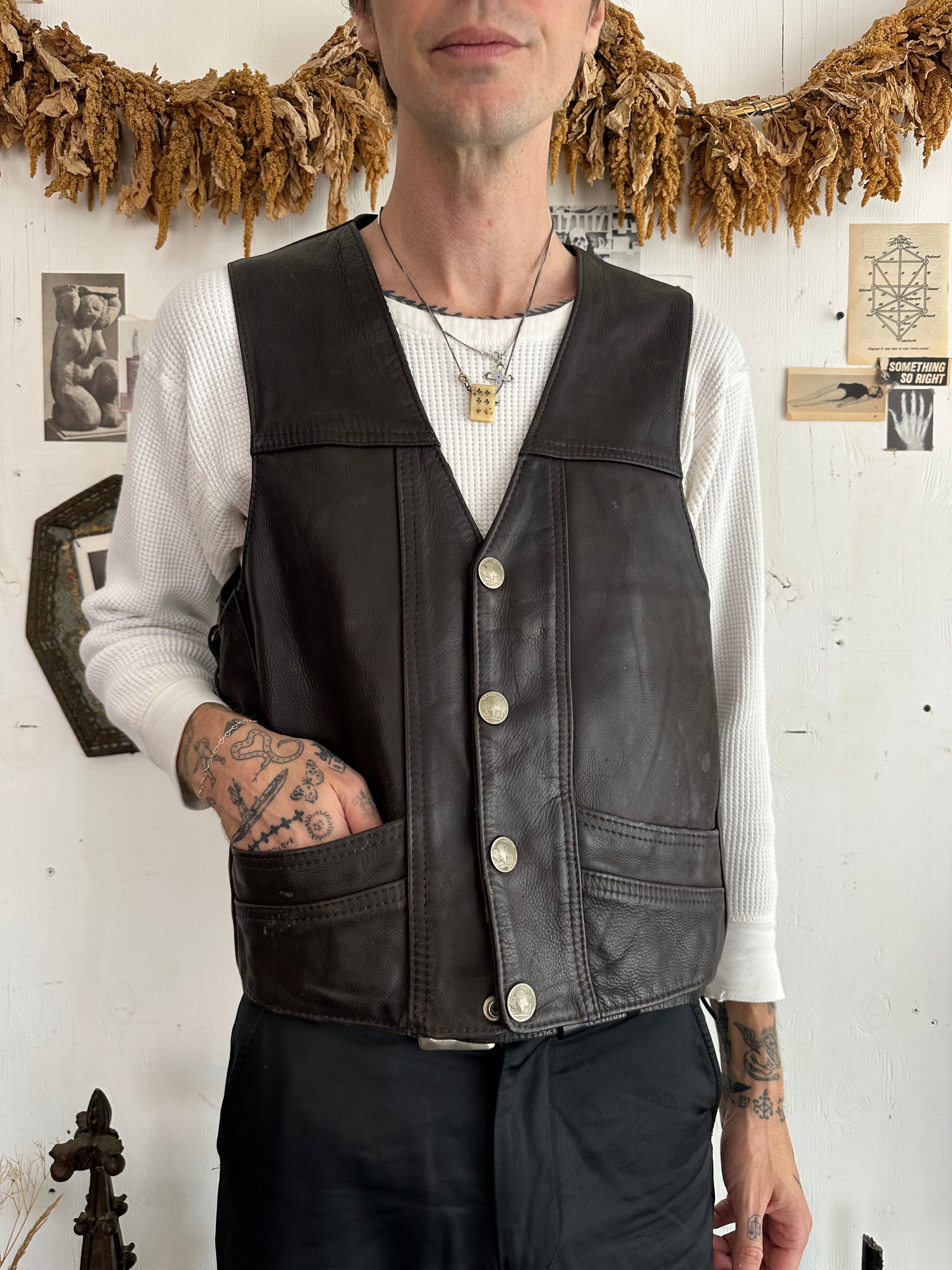 1970s Made in the USA Leather Vest with buffalo nickel hardware
