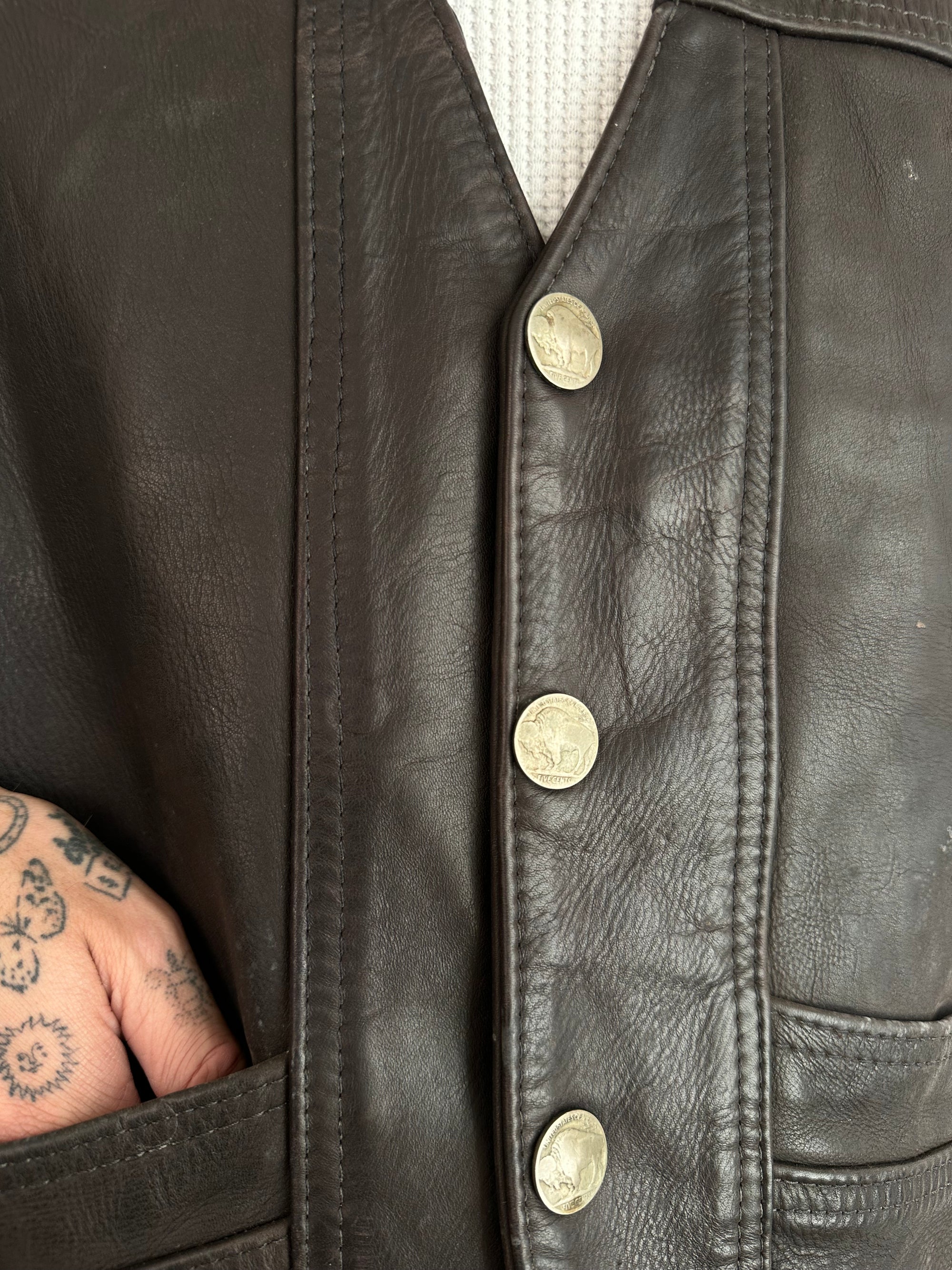 1970s Made in the USA Leather Vest with buffalo nickel hardware
