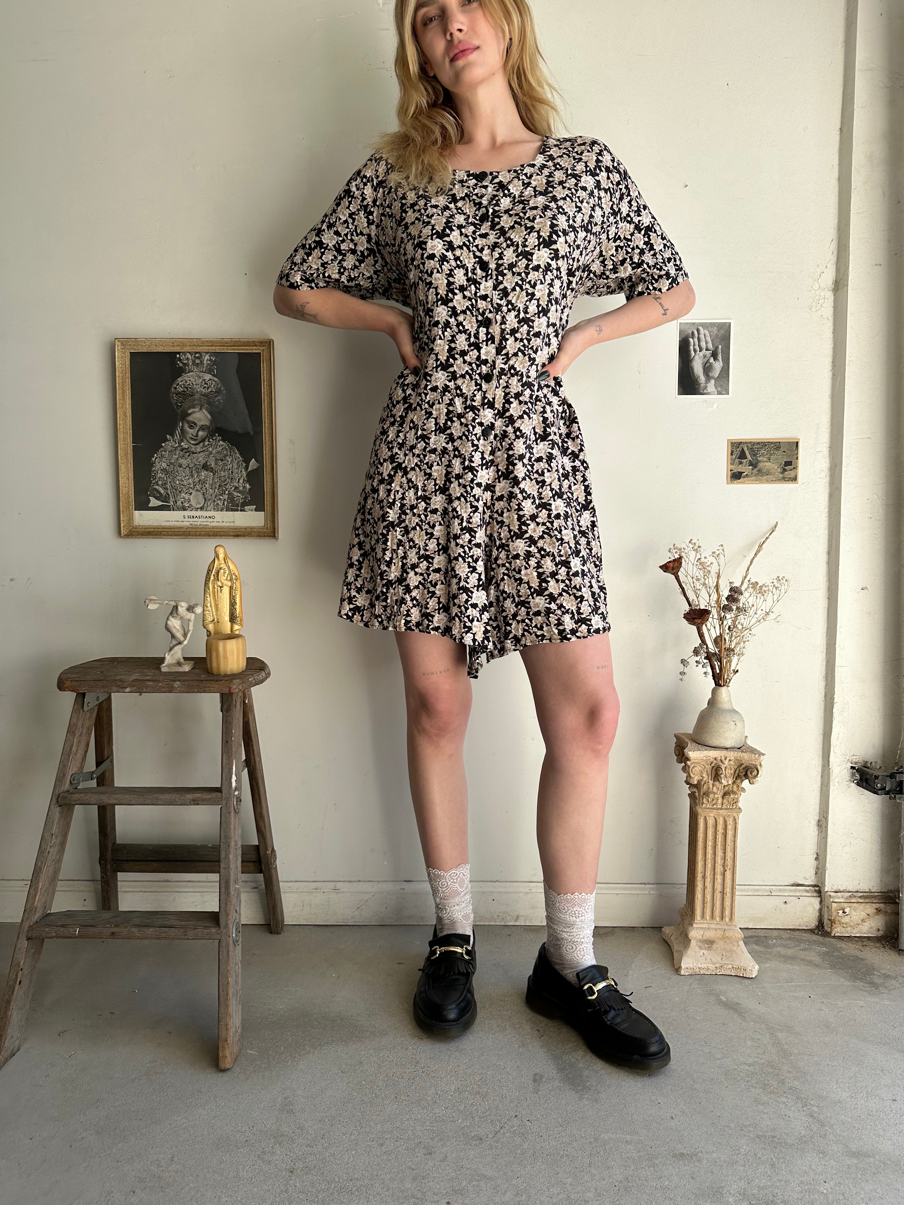 1990s Black Floral Dress (XL)