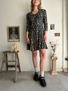 1990s Green Floral Collared Dress (M)