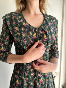 1990s Green Floral Collared Dress (M)