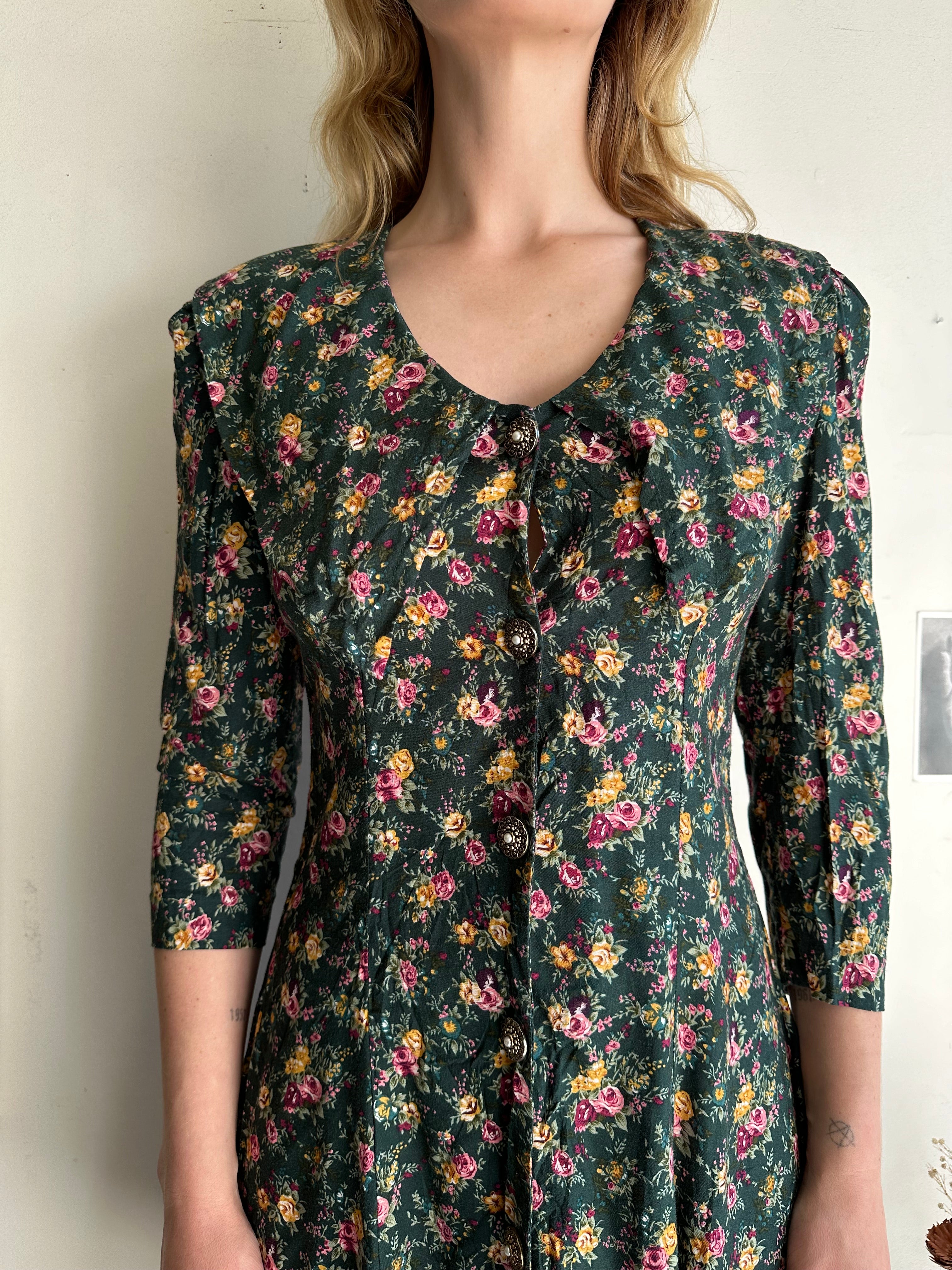 1990s Green Floral Collared Dress (M)