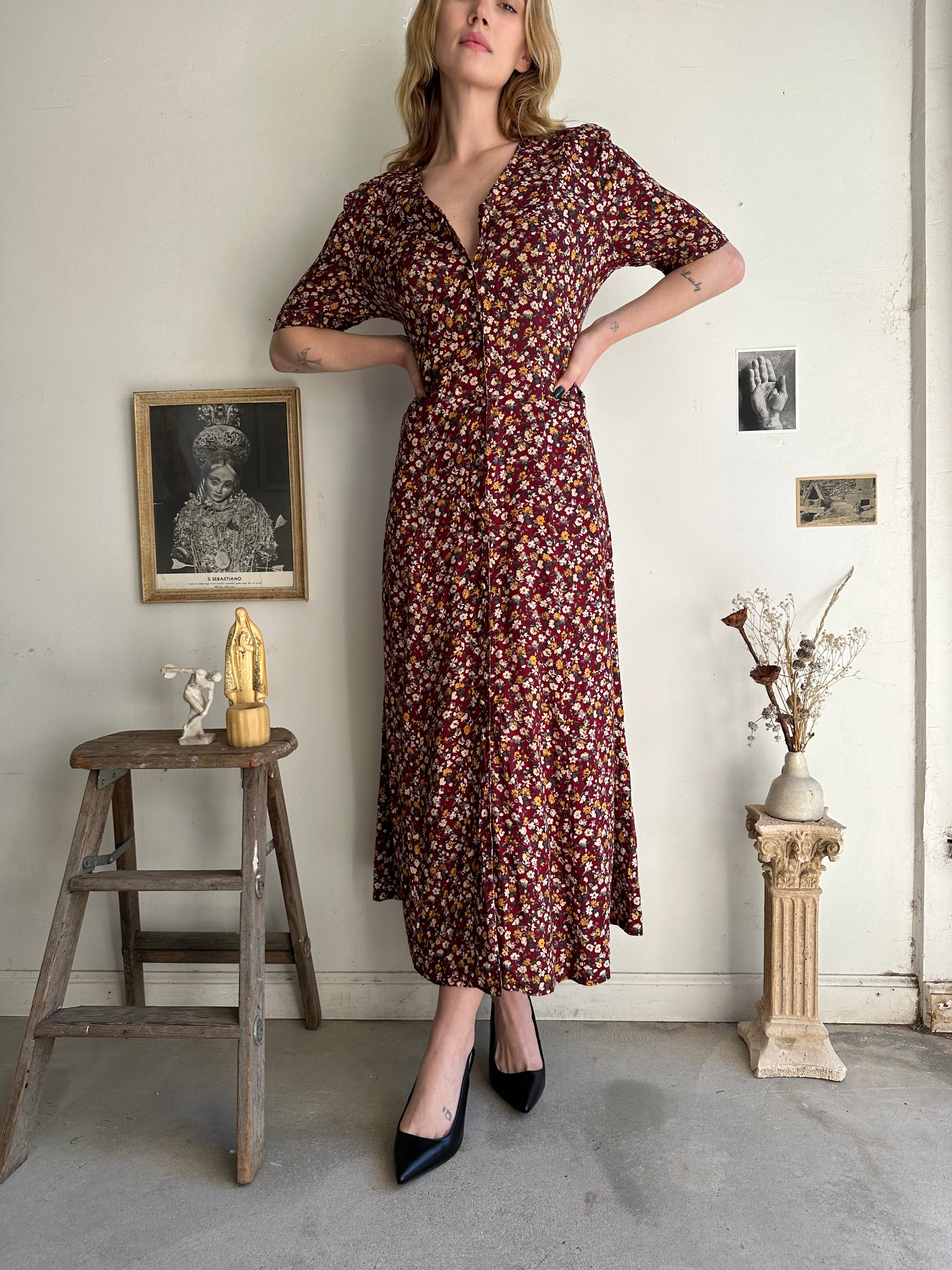 1990s Red Tie Back Floral Dress (M/L)