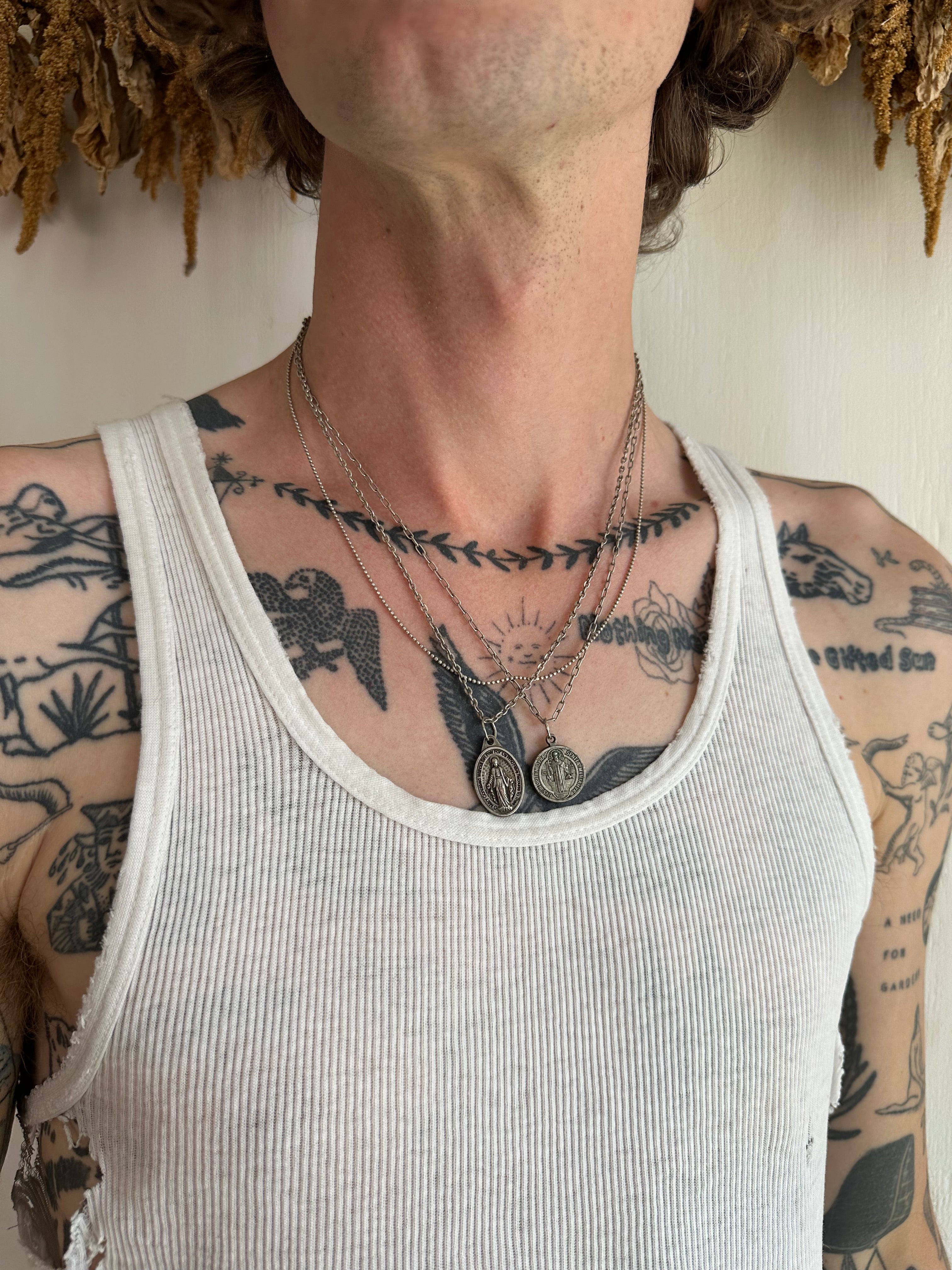 Vintage Sterling Stacked Triple Chain Necklace w/ Religious Pendants (20")