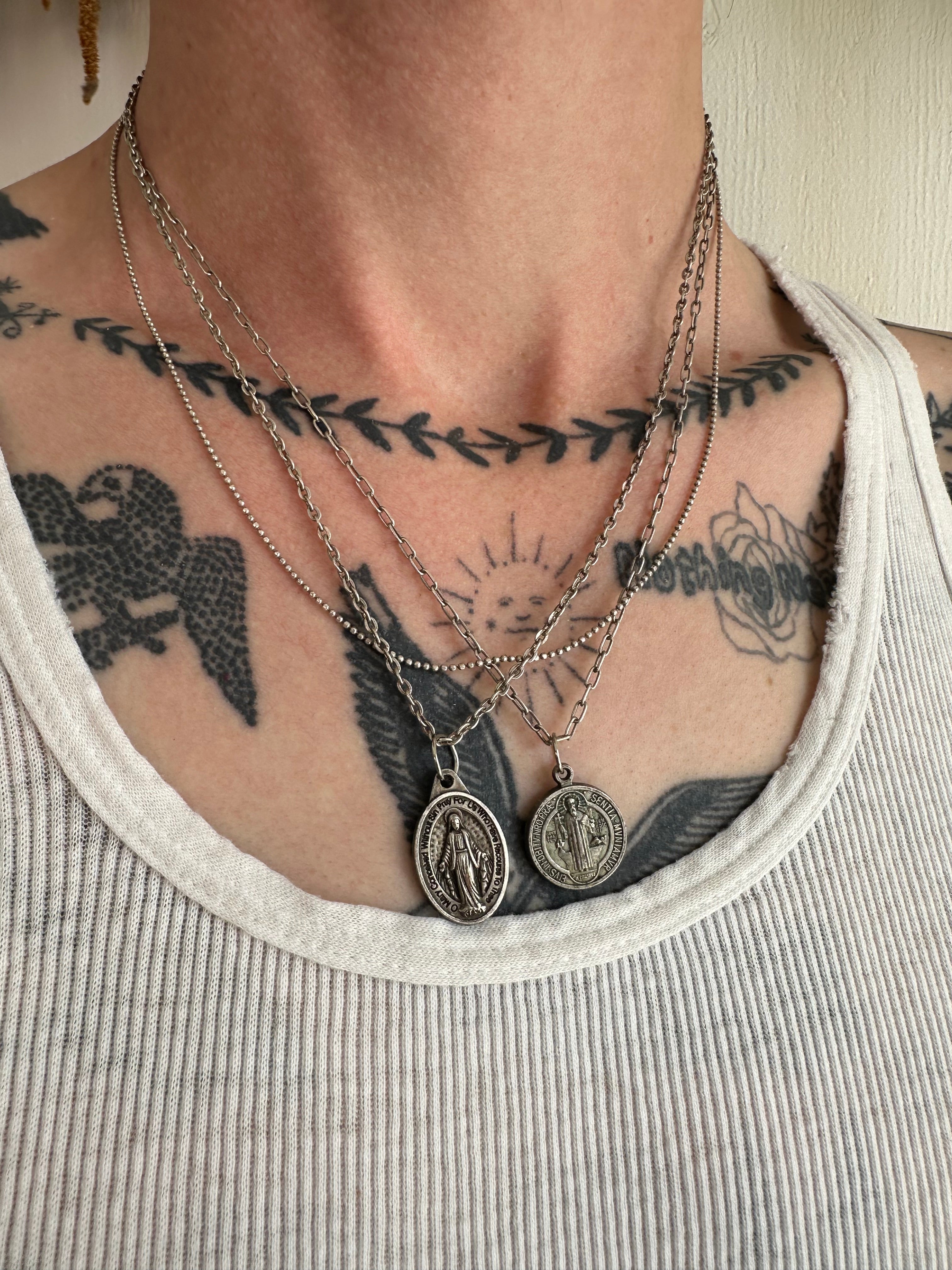 Vintage Sterling Stacked Triple Chain Necklace w/ Religious Pendants (20")