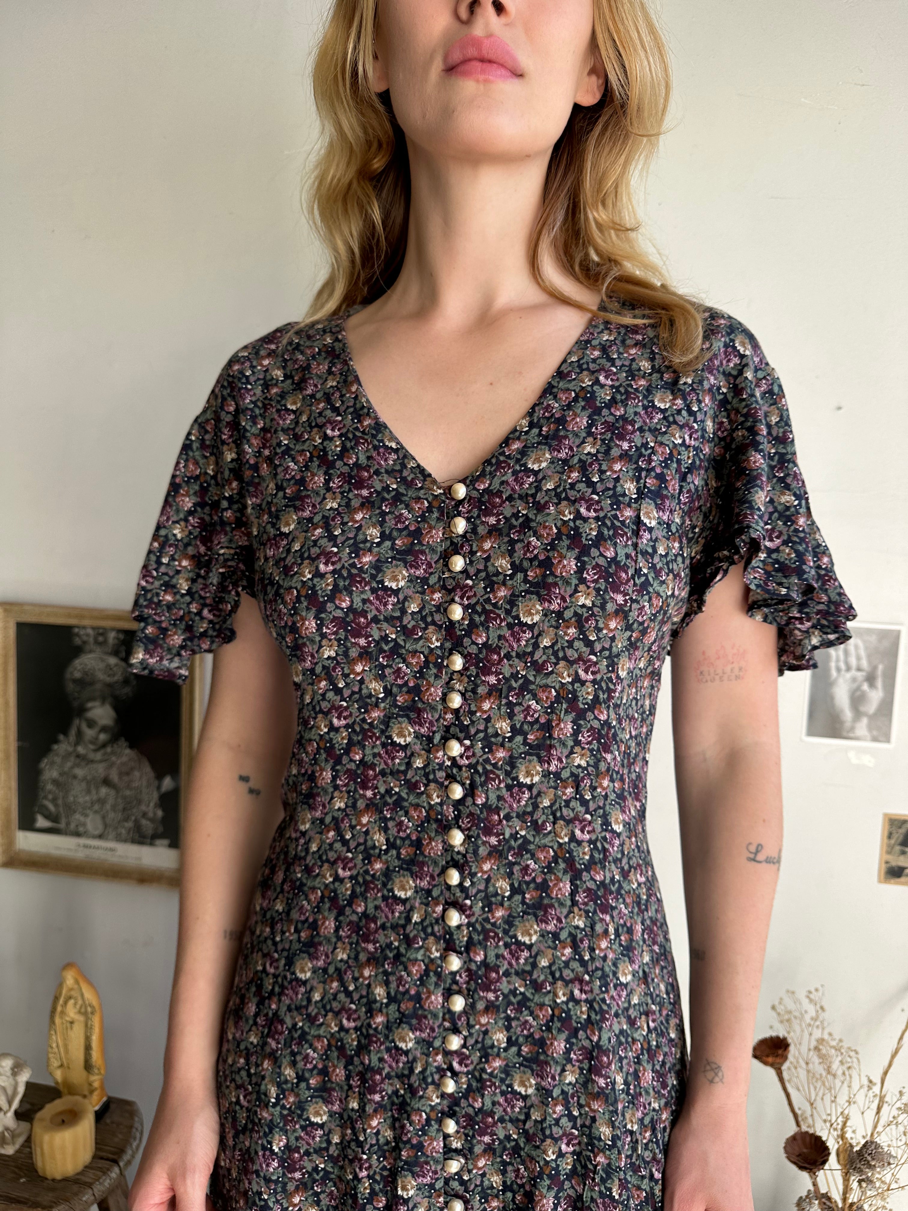 1990s Pearl Button Floral Dress (L/XL)