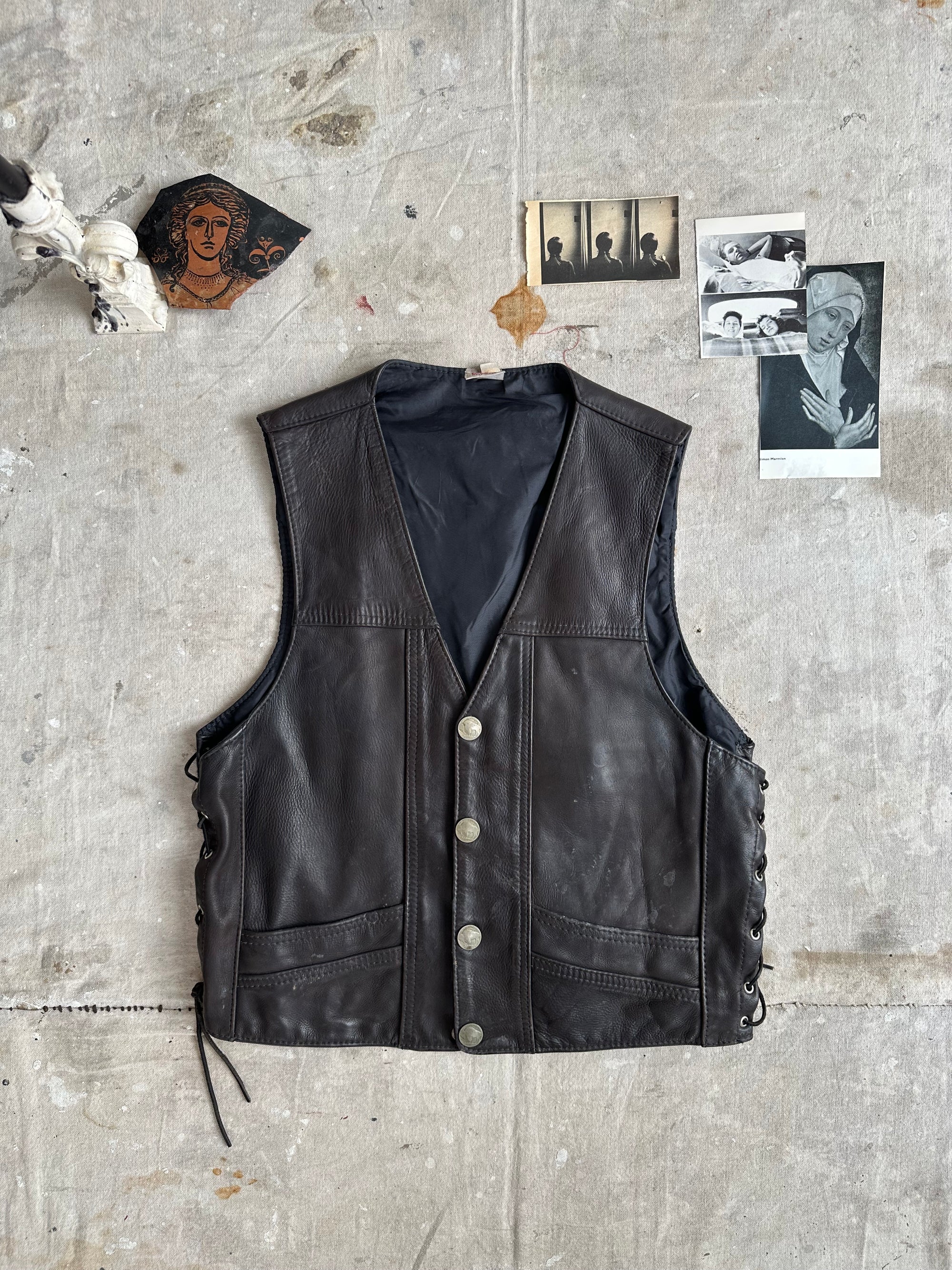 1970s Made in the USA Leather Vest with buffalo nickel hardware
