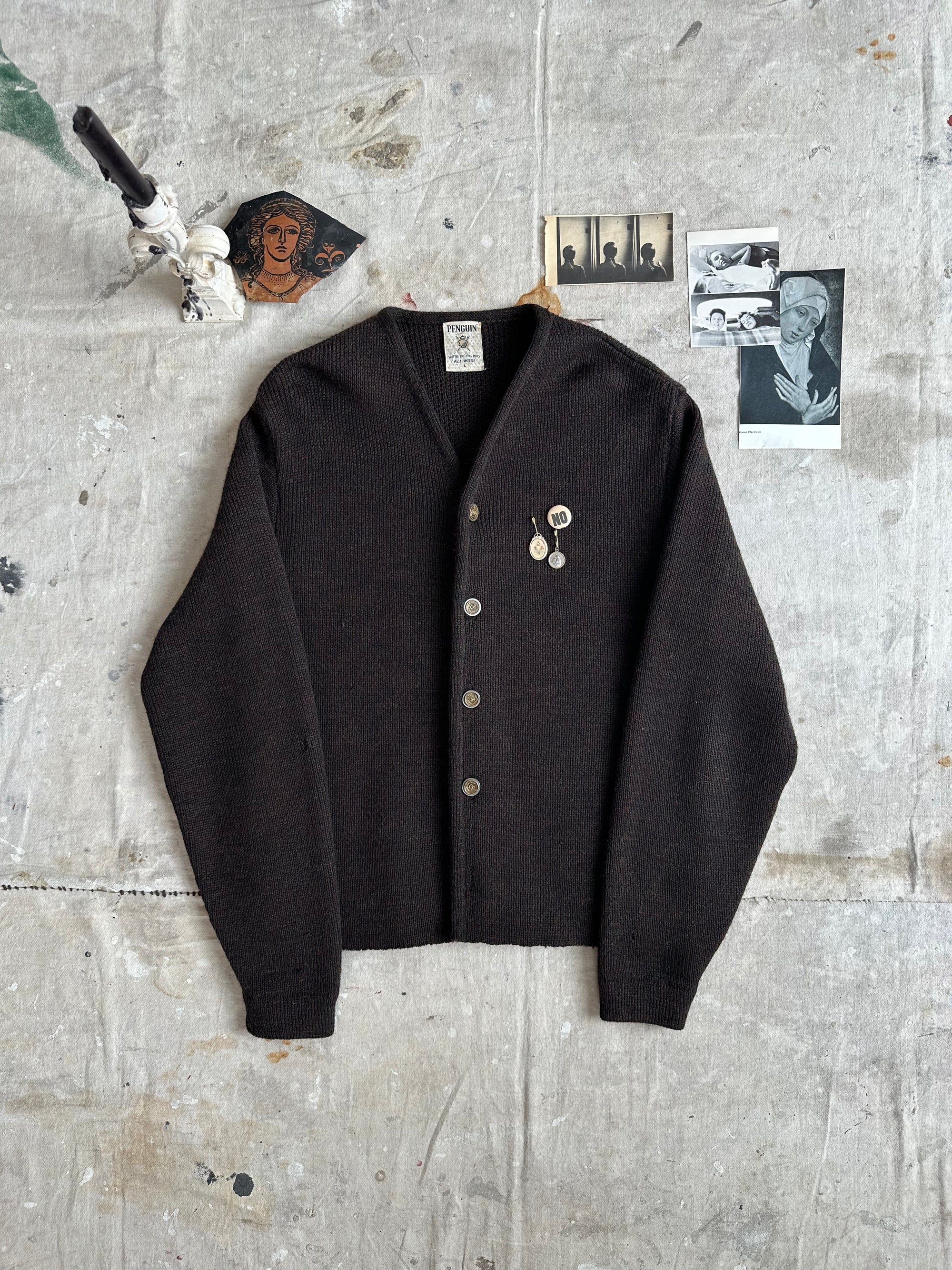 1960s Chocolate Brown Penguin Cardigan W/ Pins