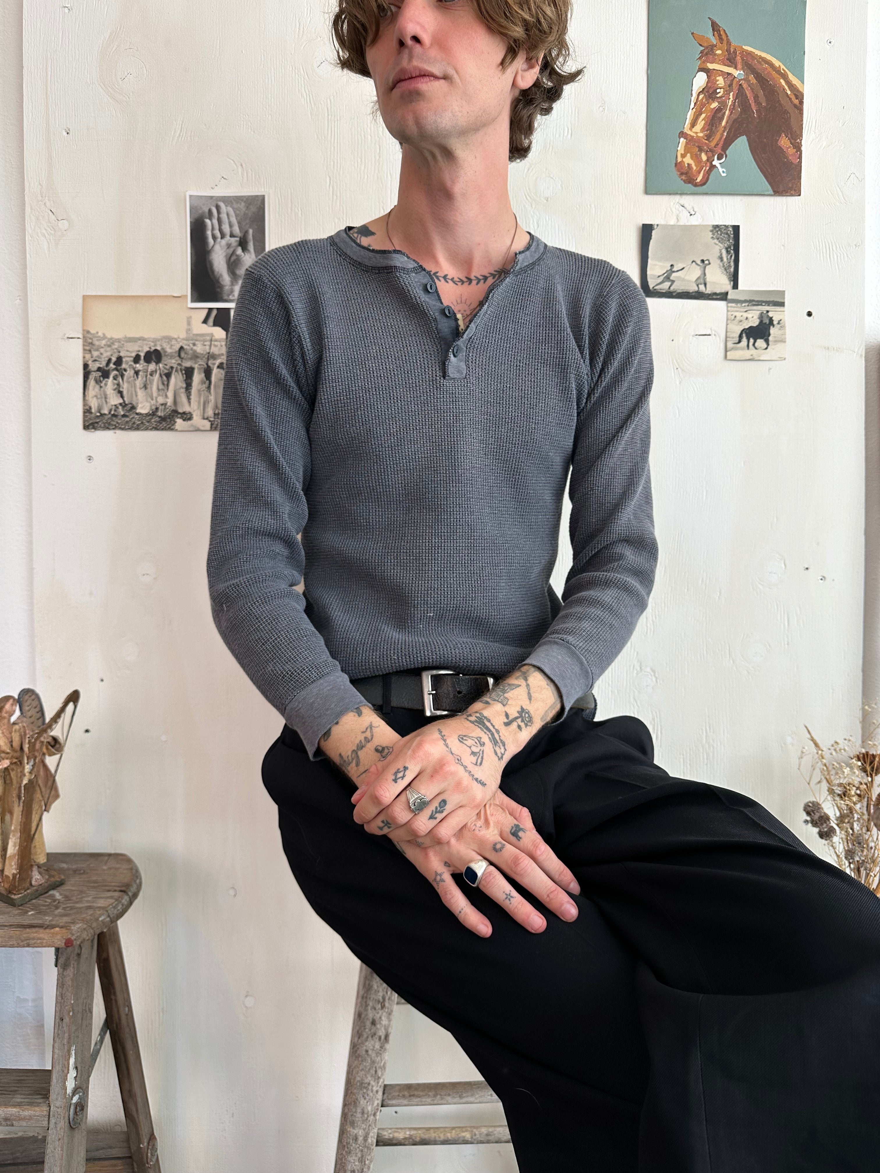 1970s Well Worn Black Thermal Henley (M)