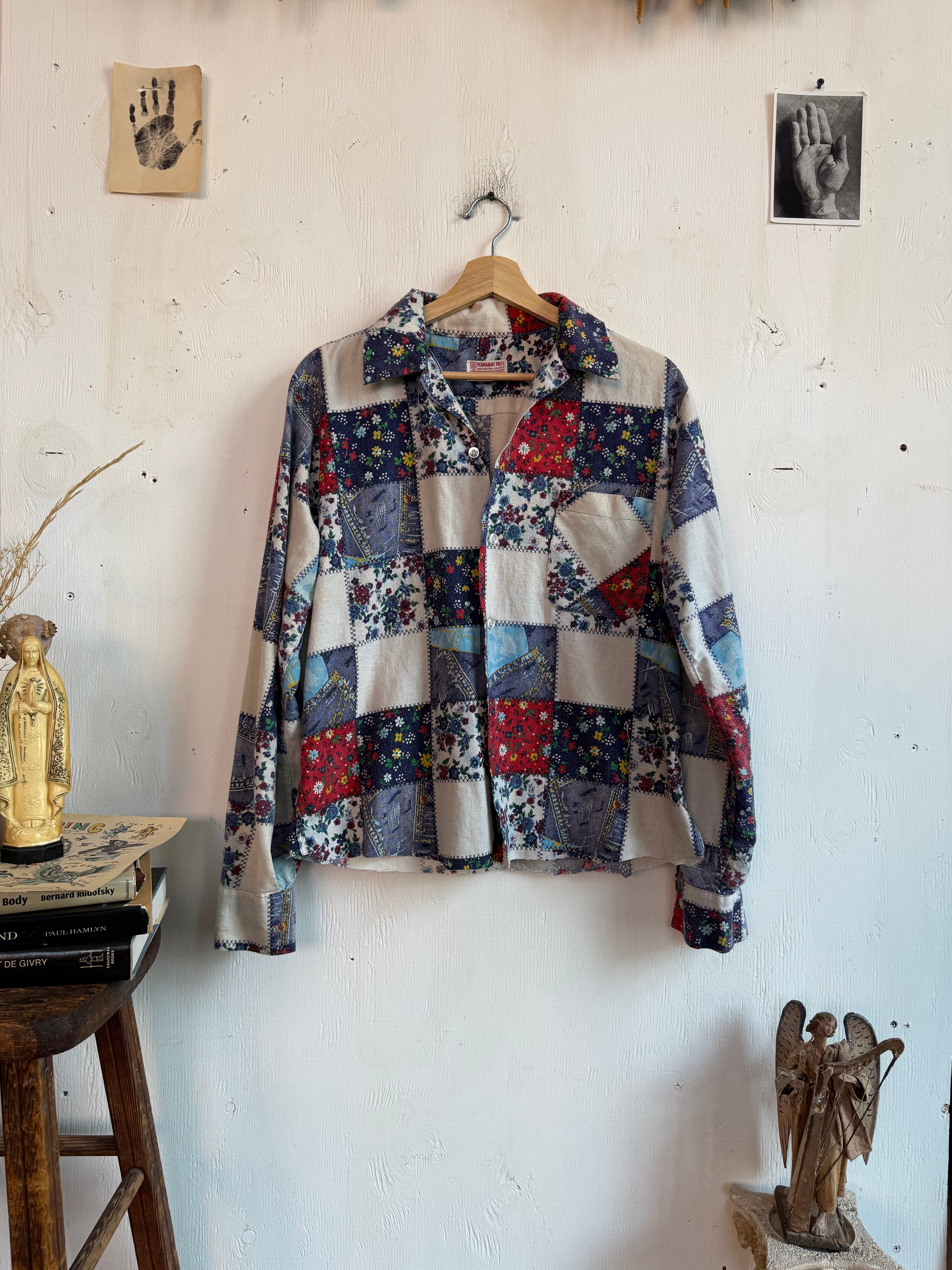 1970s Patchwork Printed Collared Shirt (Boxy M)