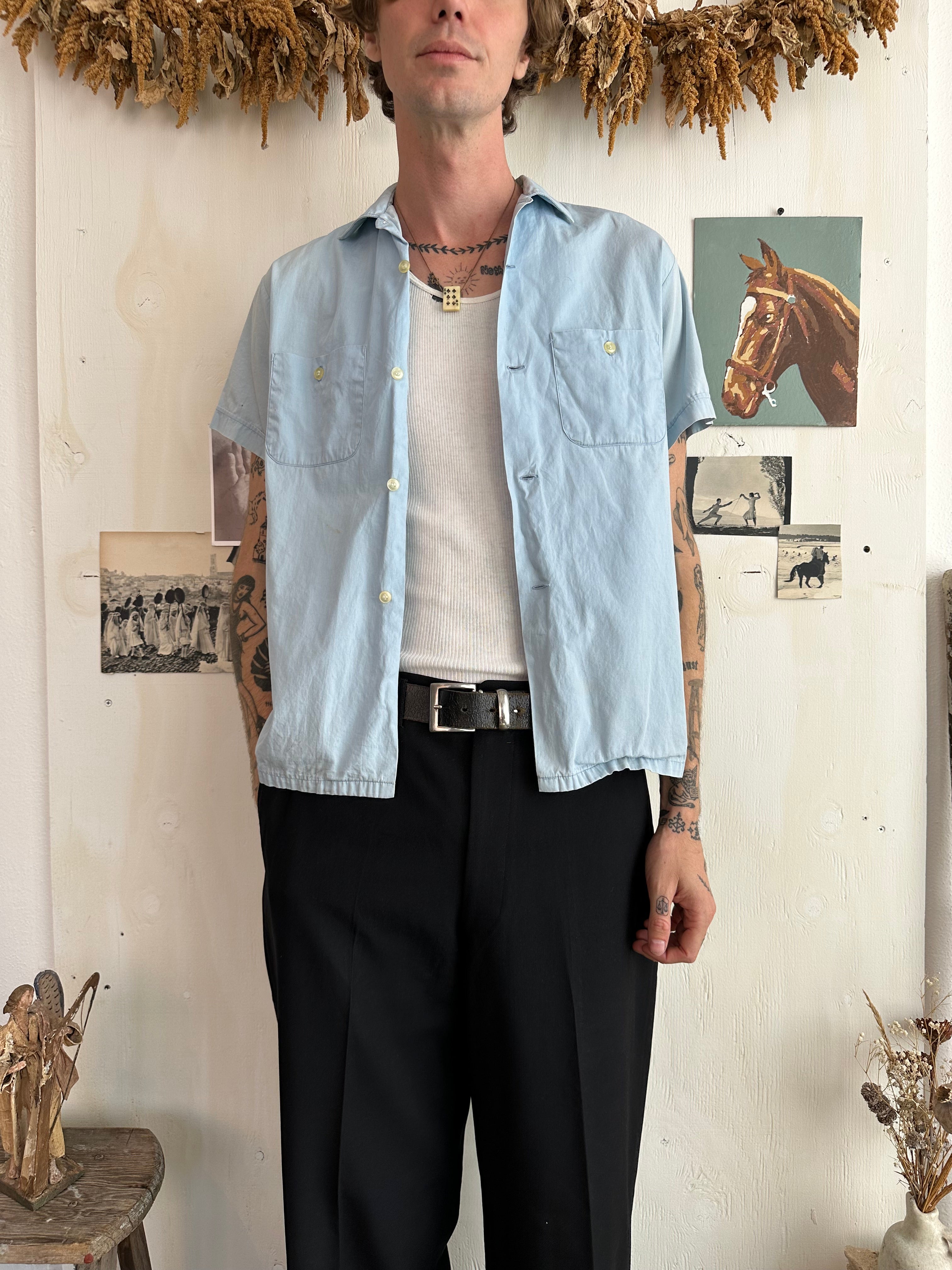 1960s Sun Faded Blue Button Up Shirt (S/M)