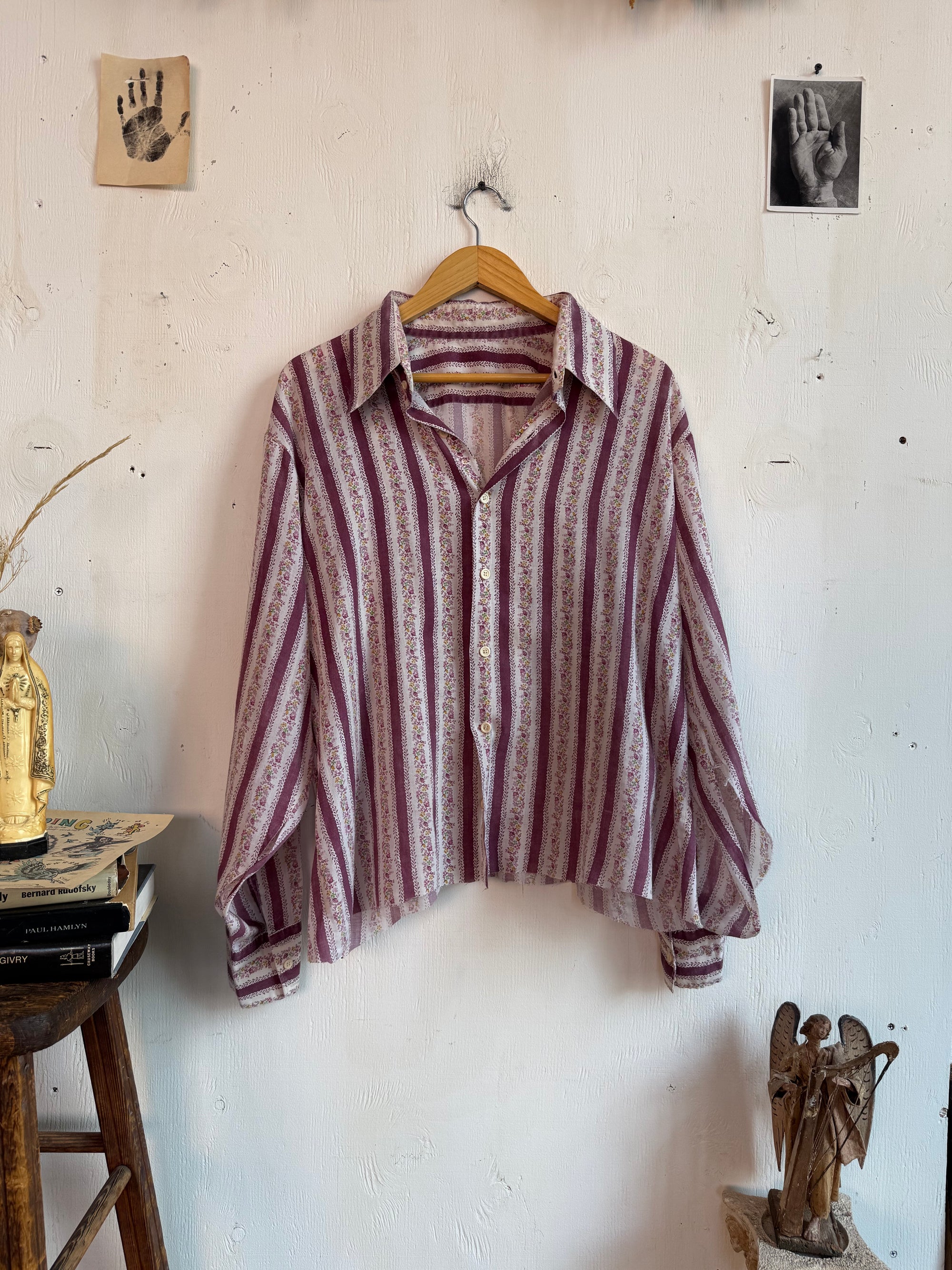1970s Well Worn Floral Striped Shirt