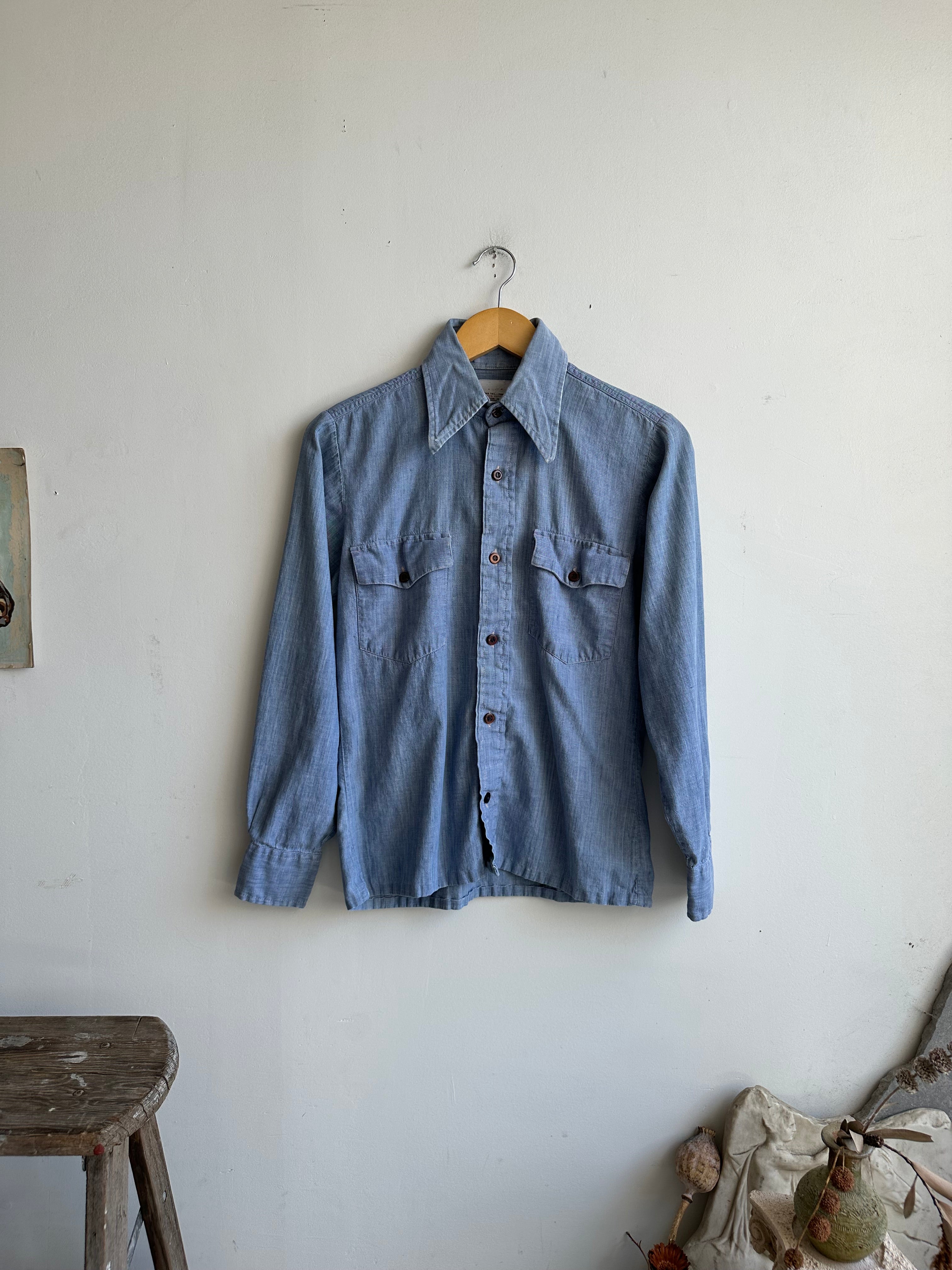 1970s Faded Hollywood Print Chambray Shirt (S/M)