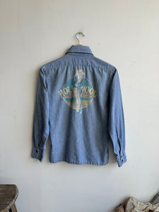 1970s Faded Hollywood Print Chambray Shirt (S/M)