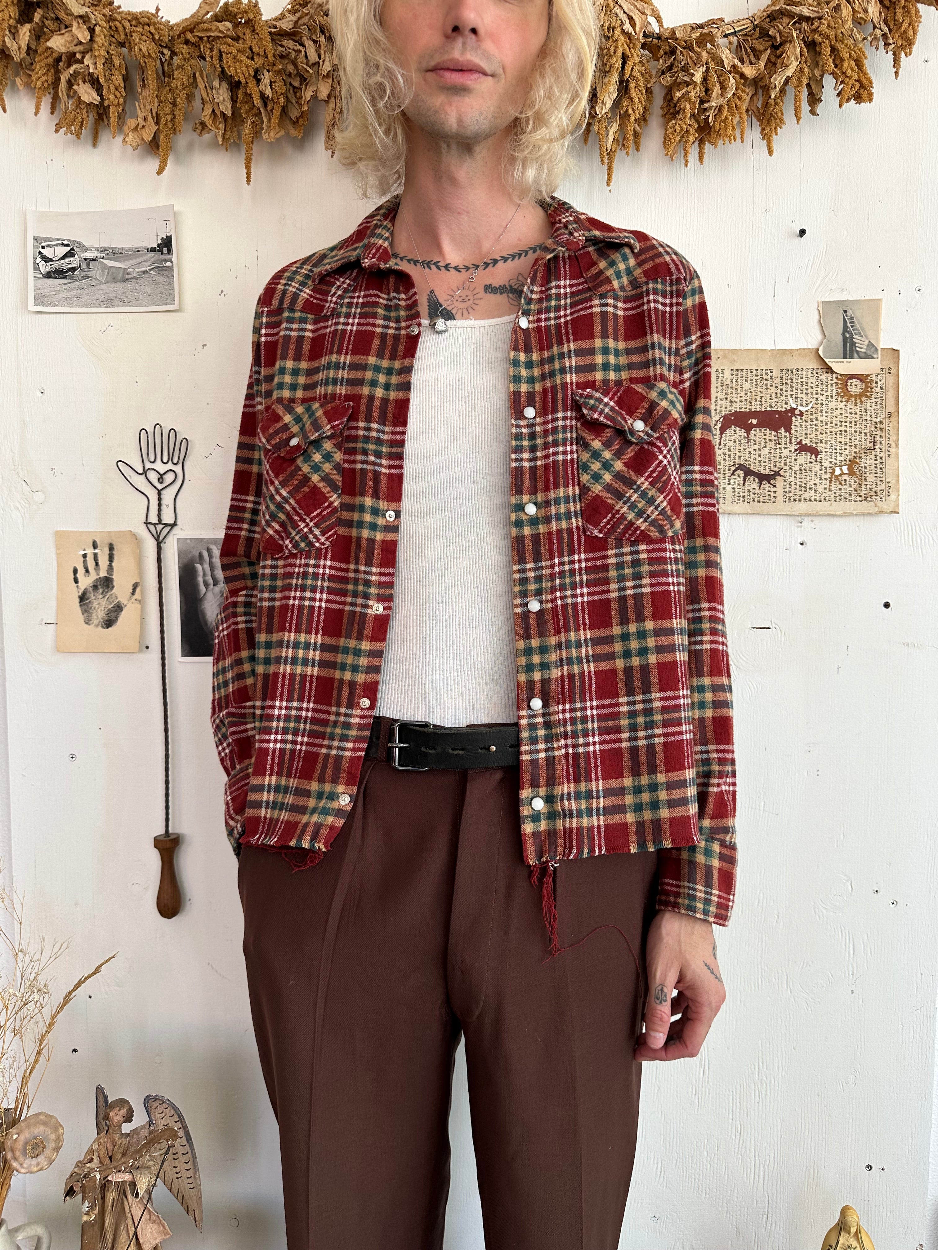 1980s Cotton Snap Button Western Flannel (M)