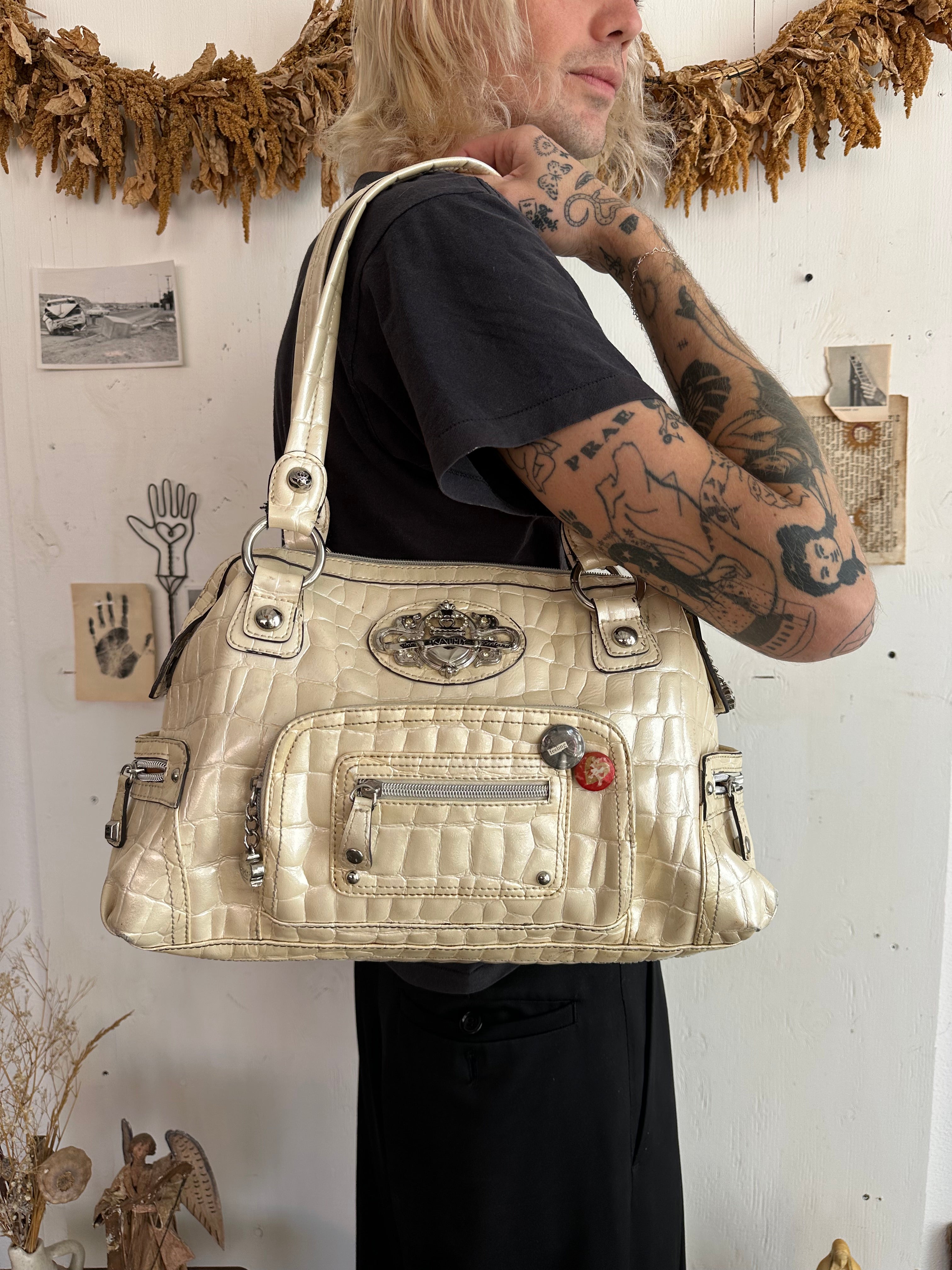 2000s Cream Faux Crocodile Bag W/ Charms and Pins