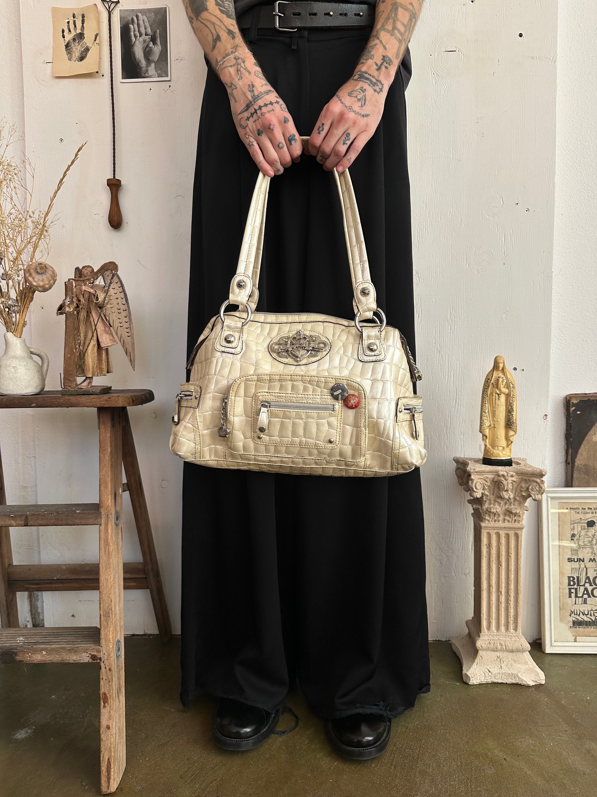 2000s Cream Faux Crocodile Bag W/ Charms and Pins