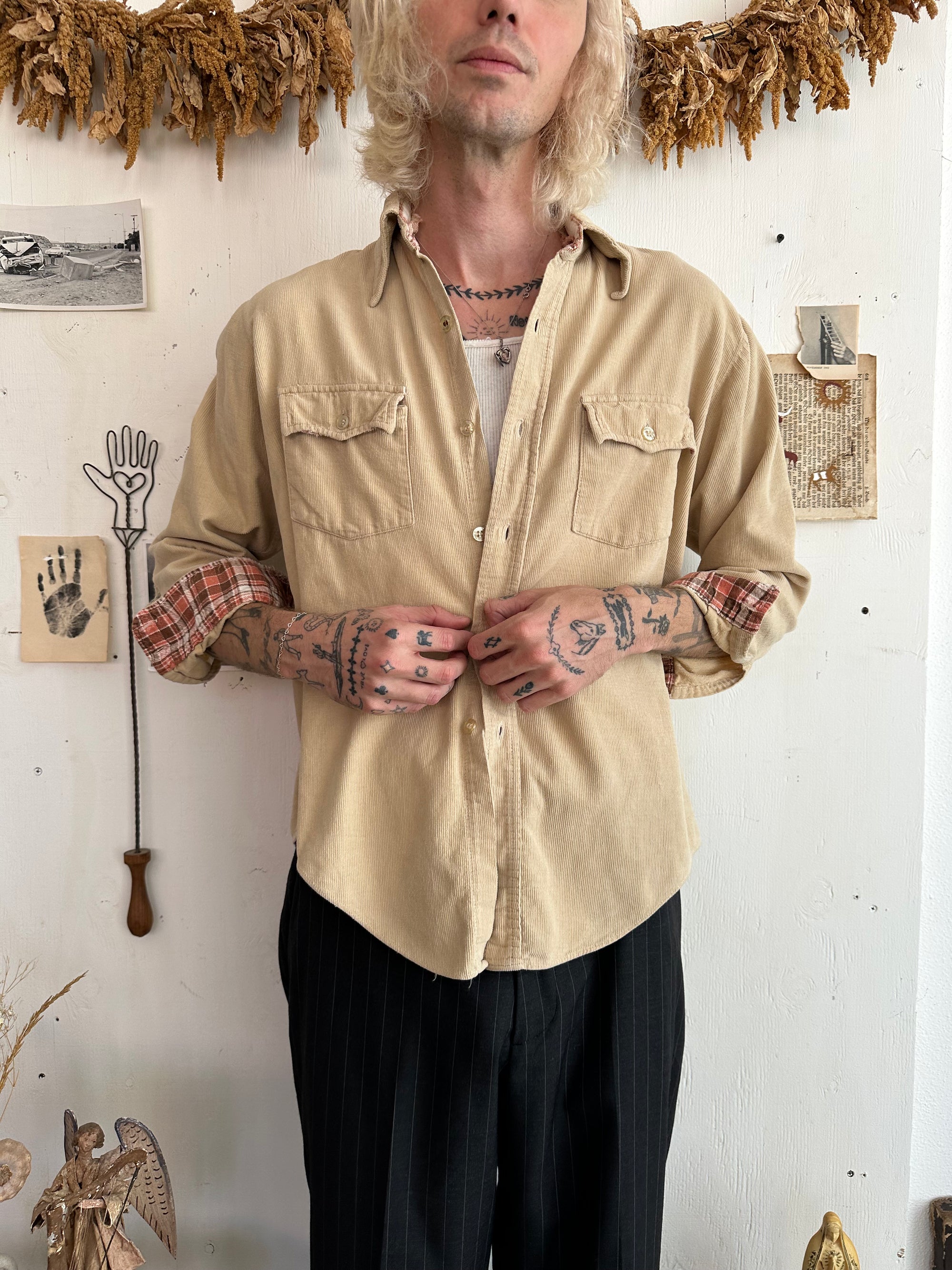 1970s Thrashed Flannel Applique Corduroy Shirt