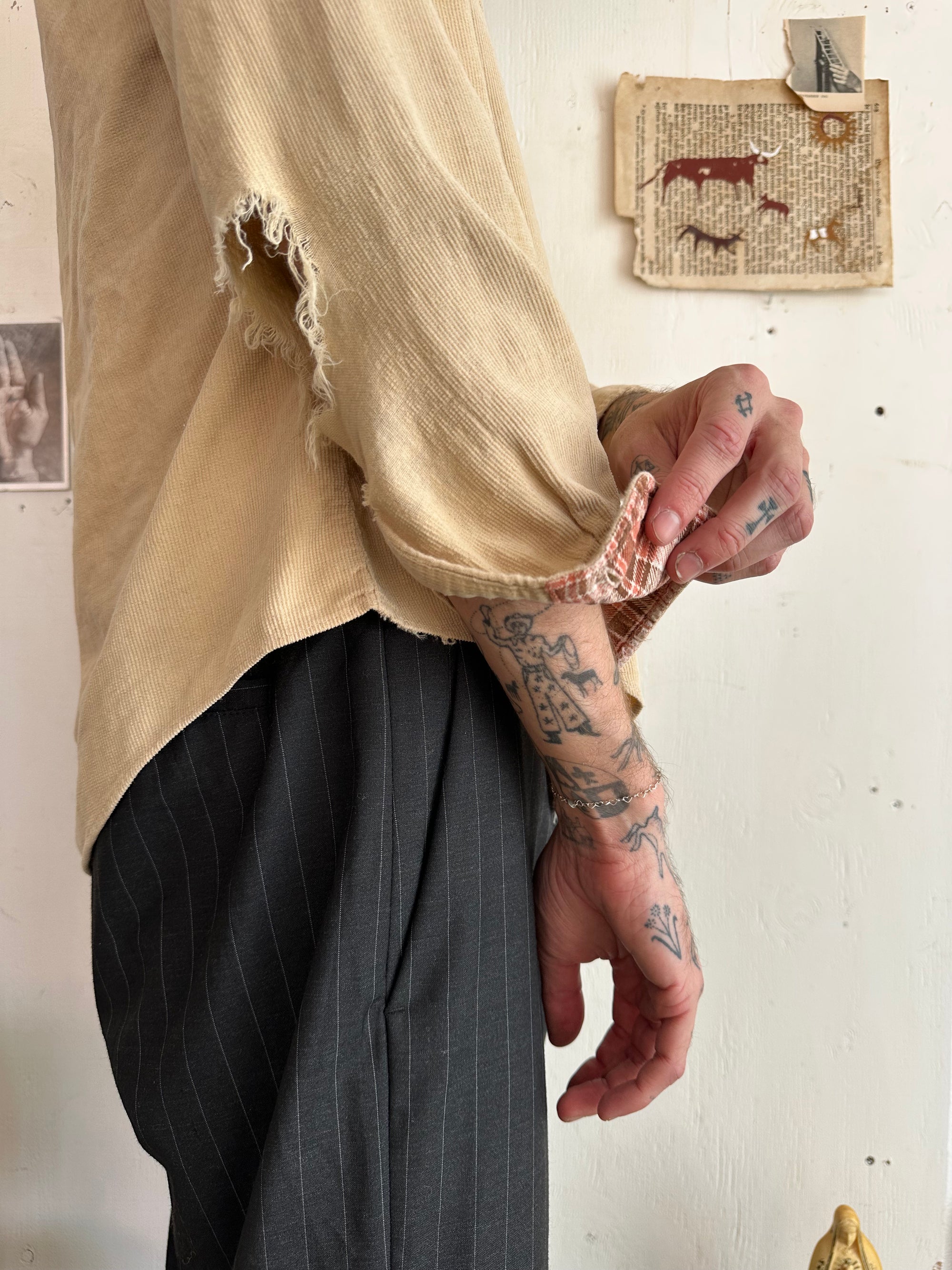 1970s Thrashed Flannel Applique Corduroy Shirt