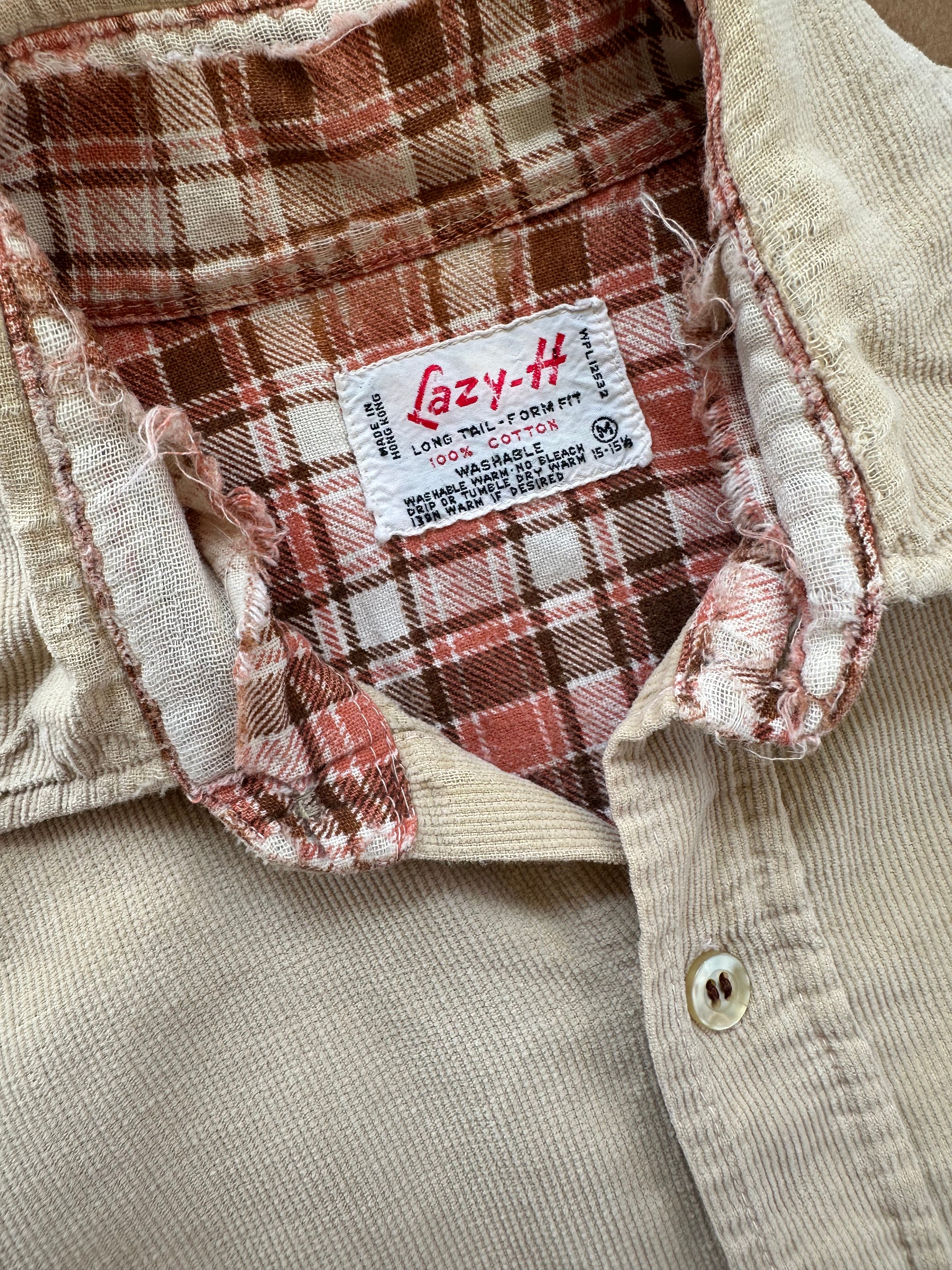 1970s Thrashed Flannel Applique Corduroy Shirt (Boxy L)