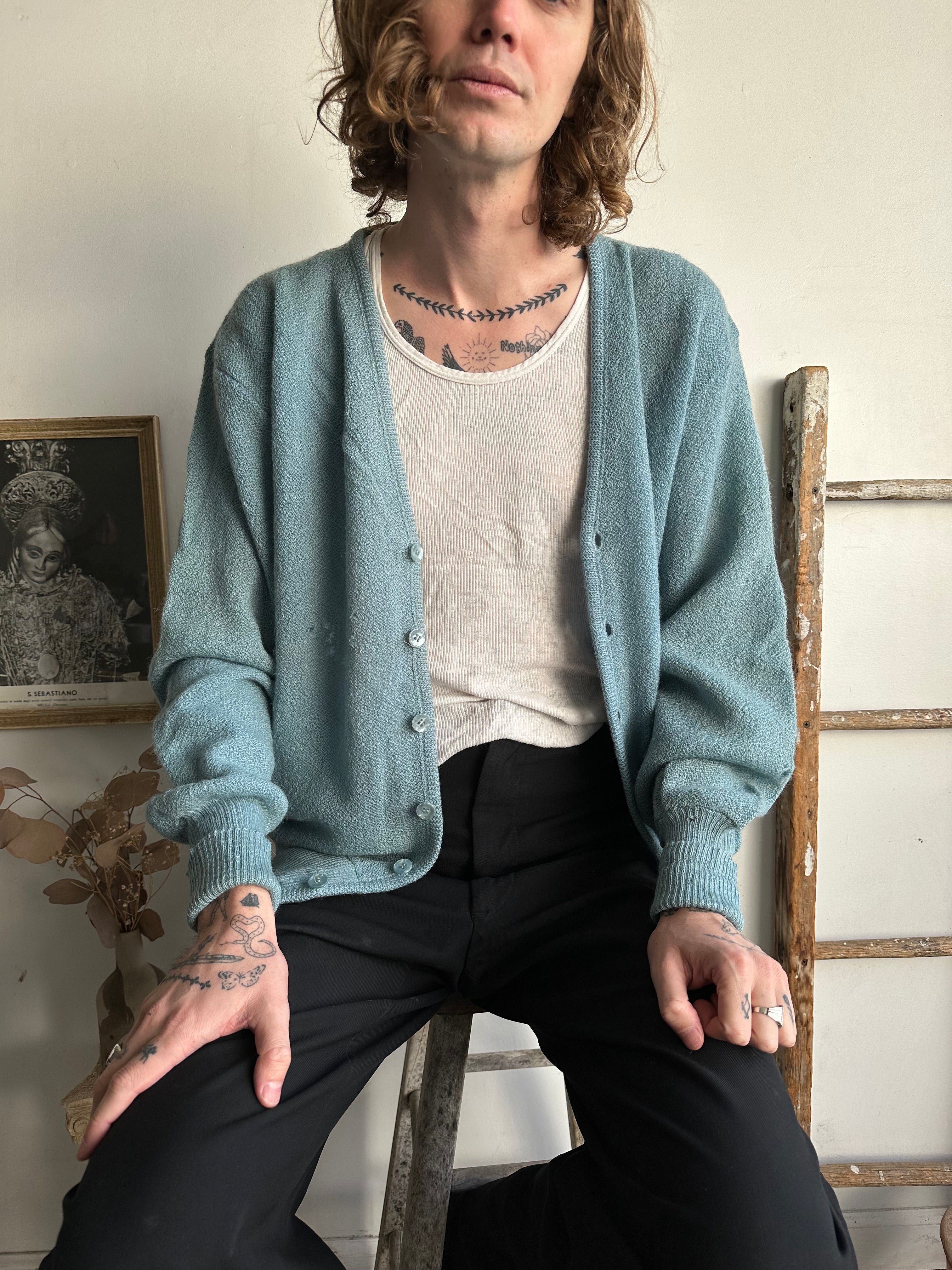 1960s Thrashed Light Blue Mohair Cardigan (L/XL)