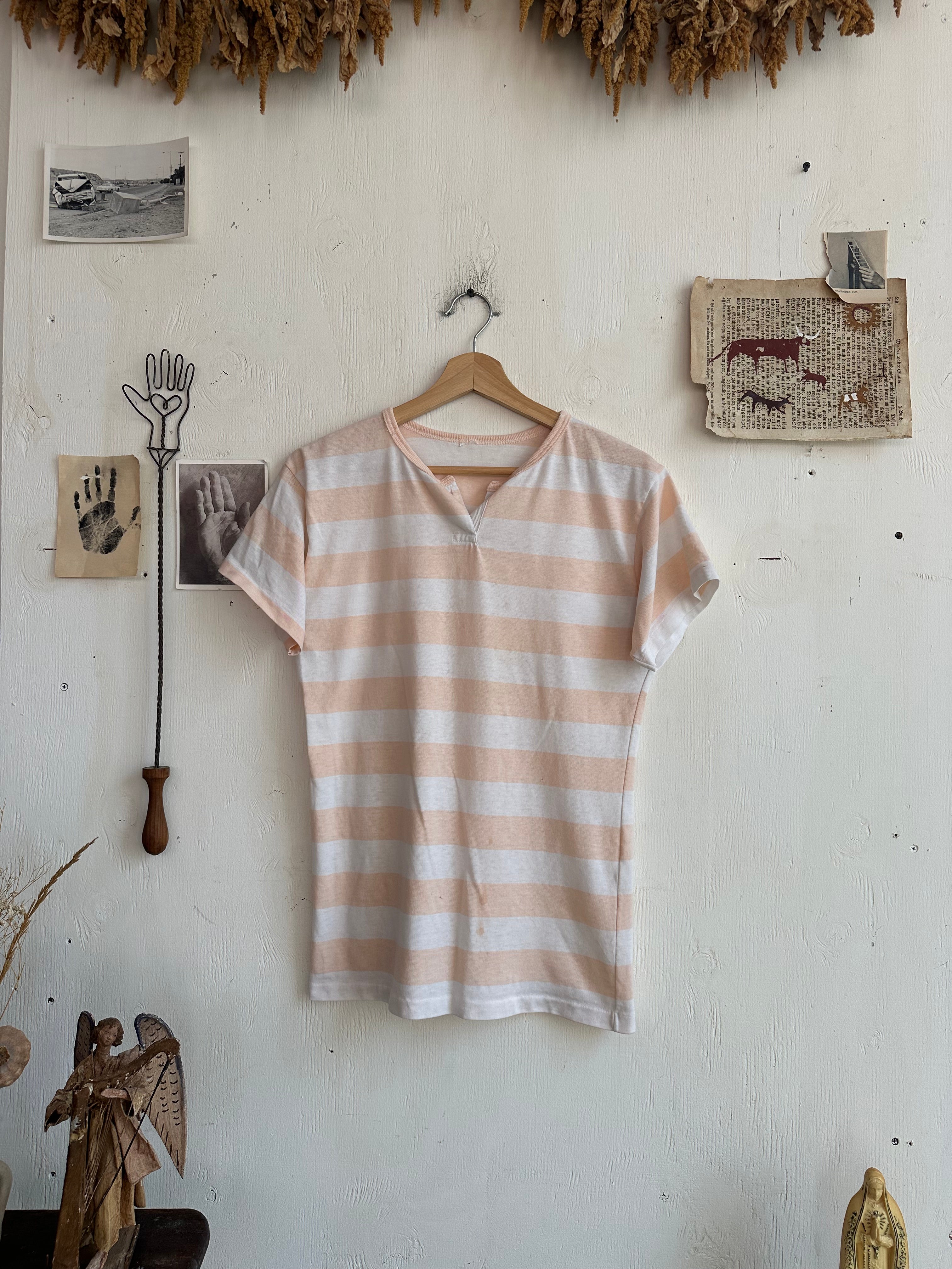 1980s Well Worn Striped Pink Henley (M)