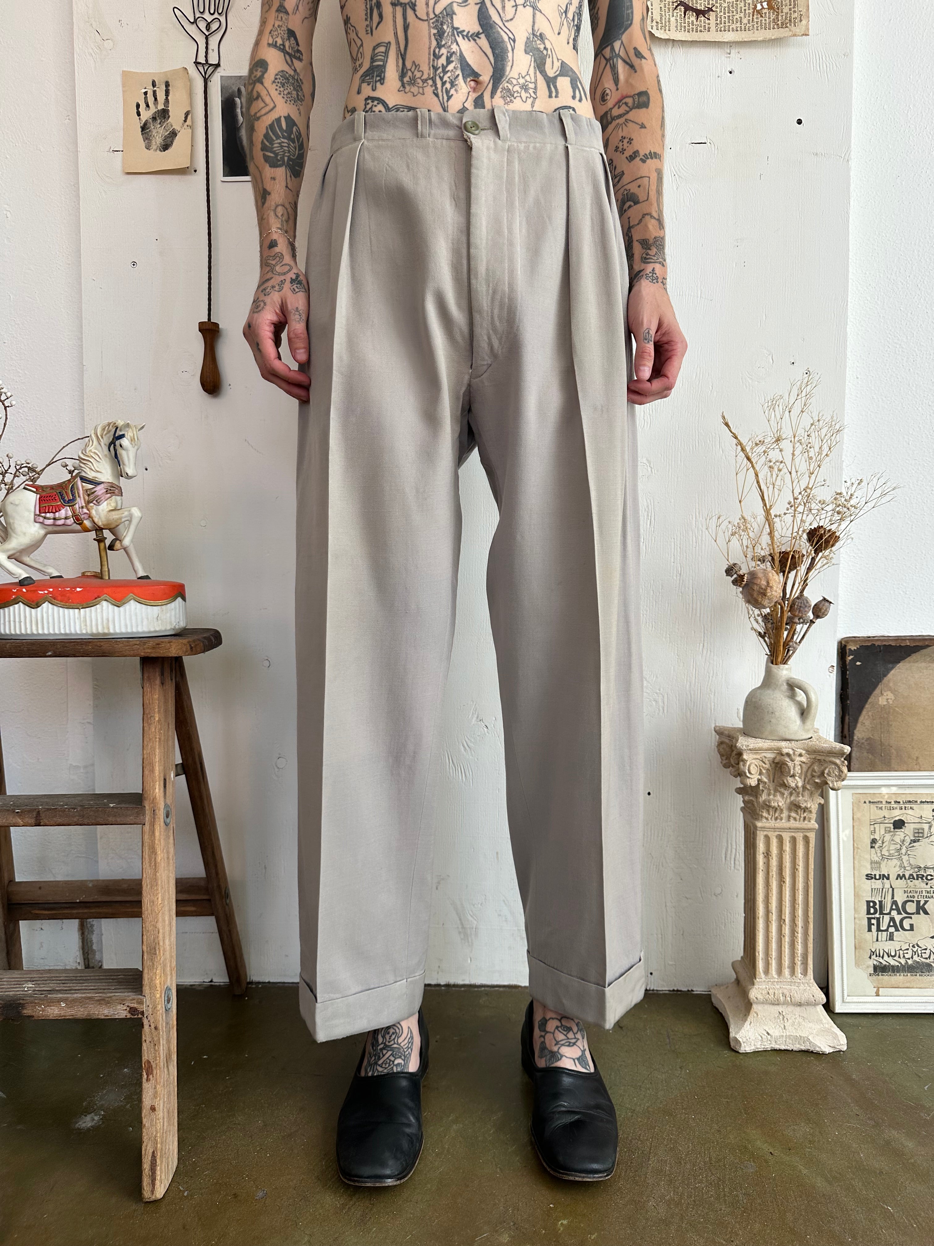 1940s Stone Gaberdine Pleated Trousers (36/29)