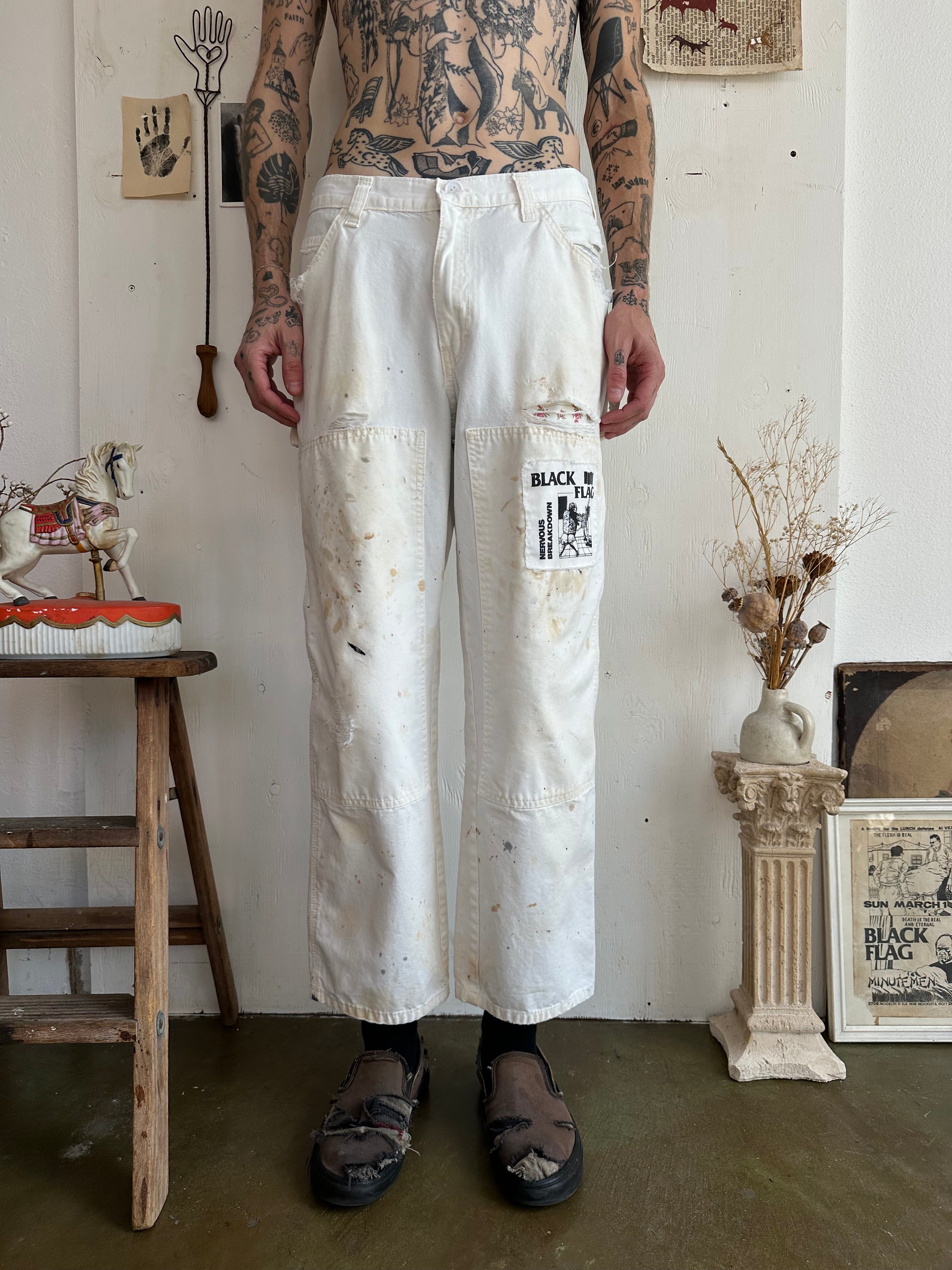 1990s Thrashed Painters Pants W/ Floral and Black Flag Patches (32/28)