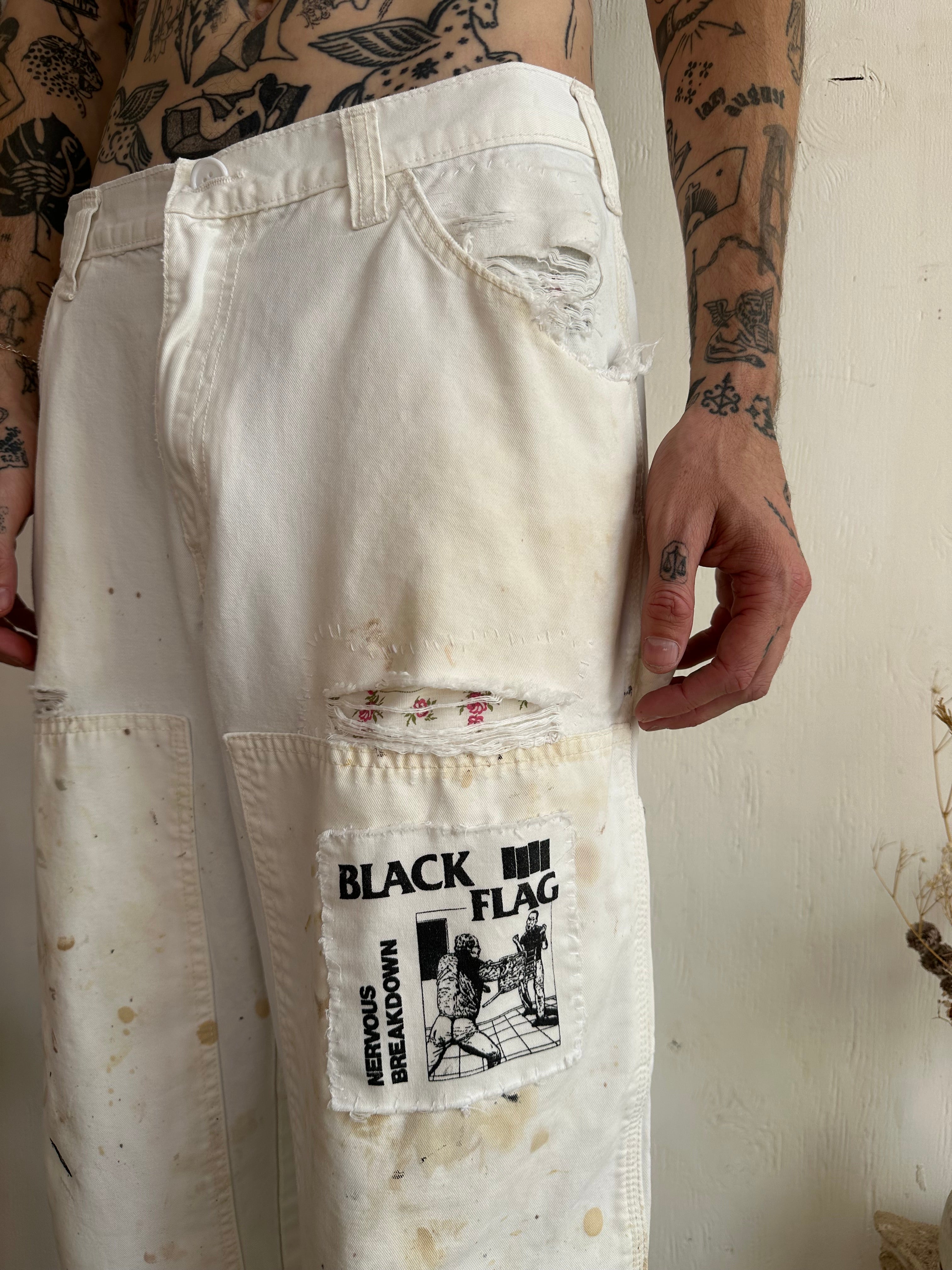 1990s Thrashed Painters Pants W/ Floral and Black Flag Patches (32/28)