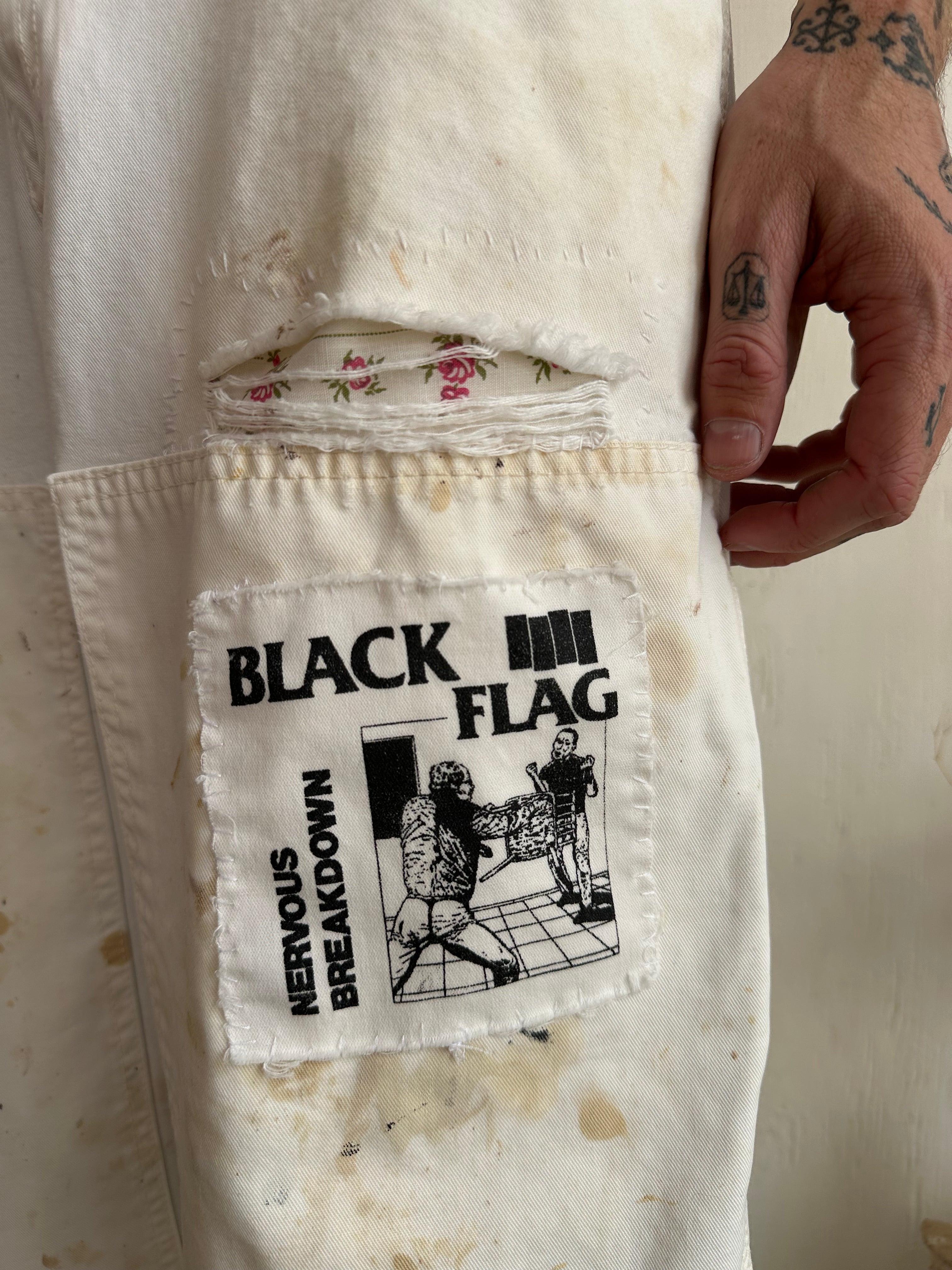 1990s Thrashed Painters Pants W/ Floral and Black Flag Patches (32/28)