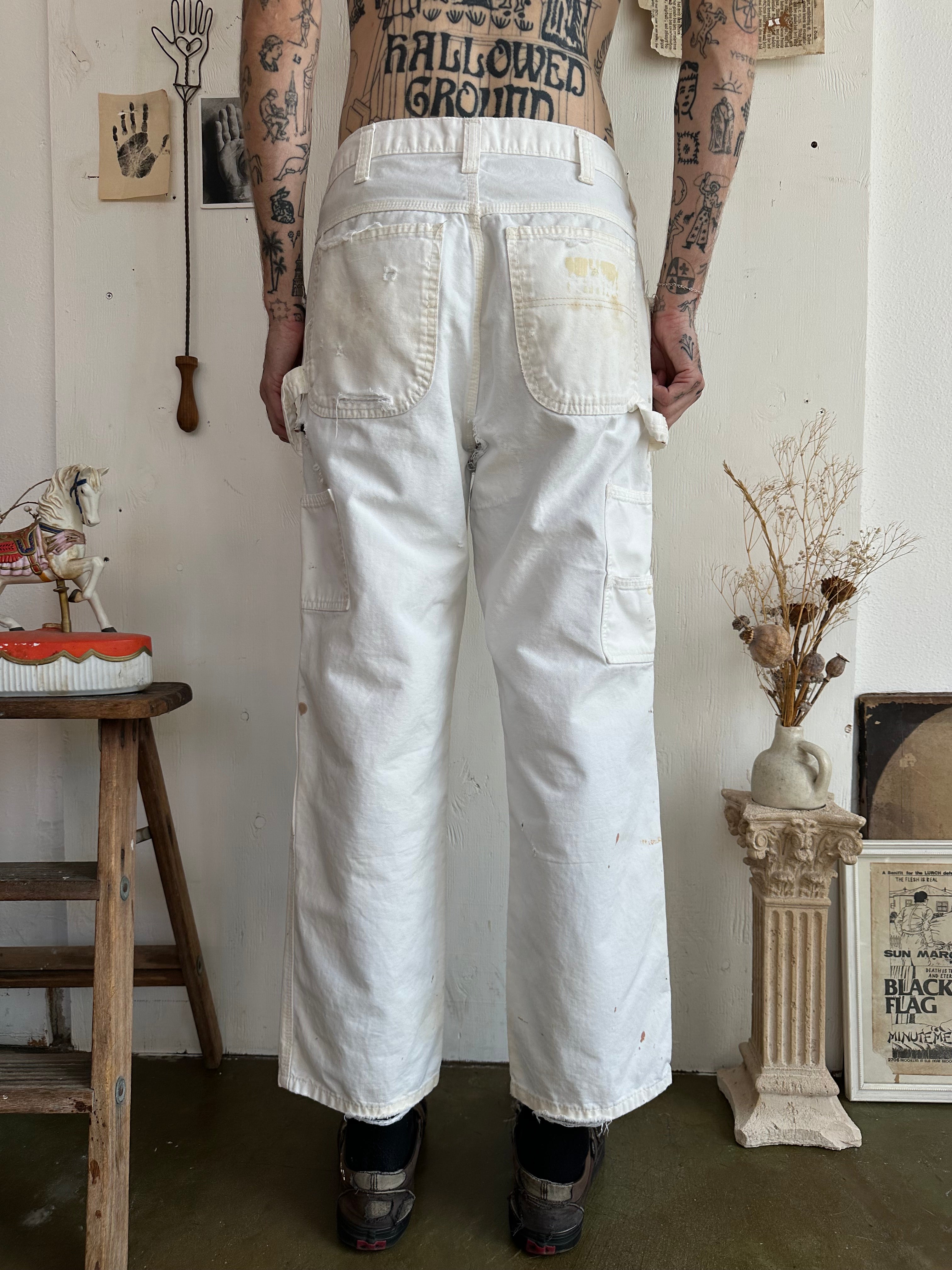 1990s Thrashed Painters Pants W/ Floral and Black Flag Patches (32/28)